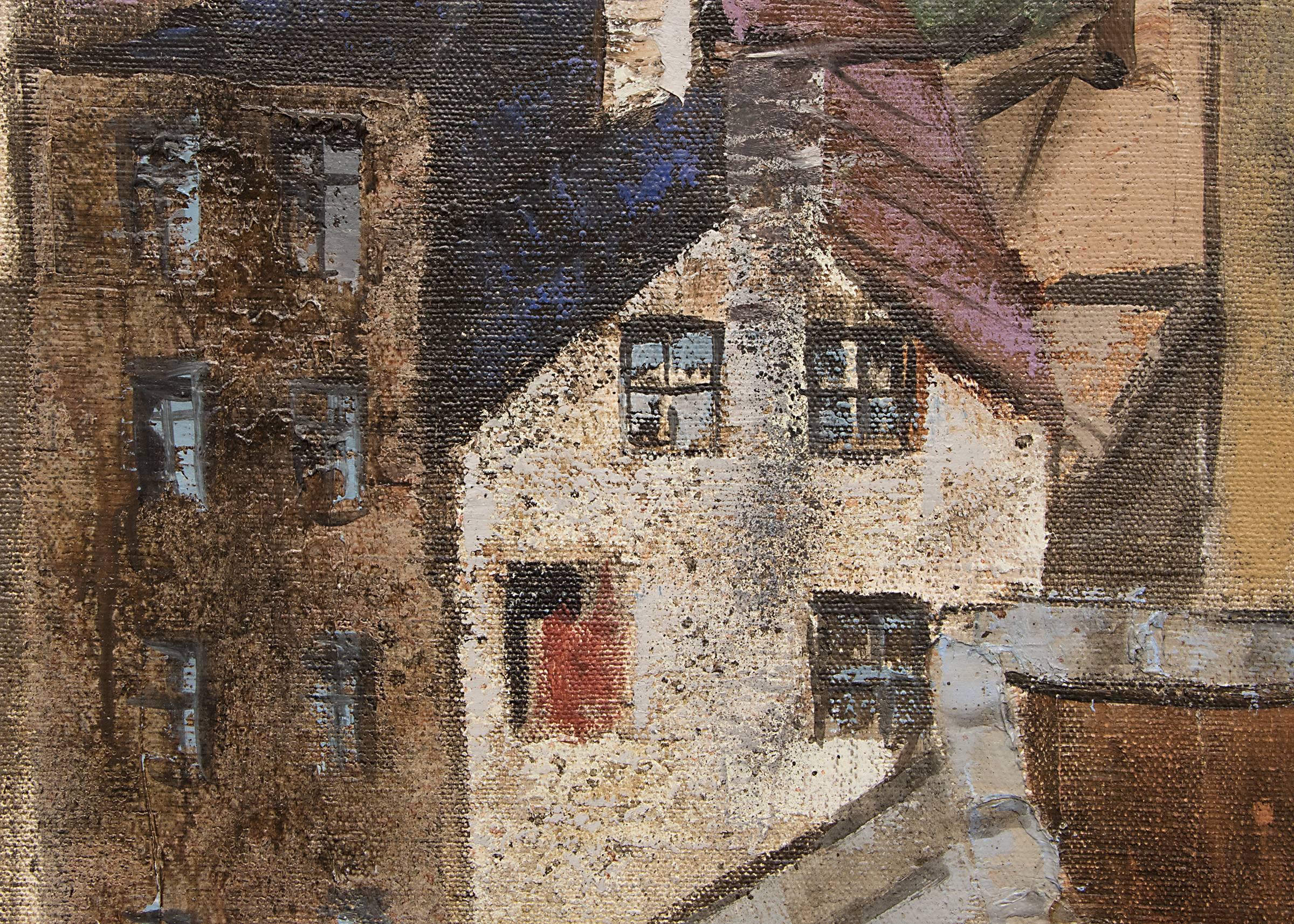 European Village City Painting Rooftops Houses, 1960s Cityscape Oil Painting - Brown Landscape Painting by Unknown
