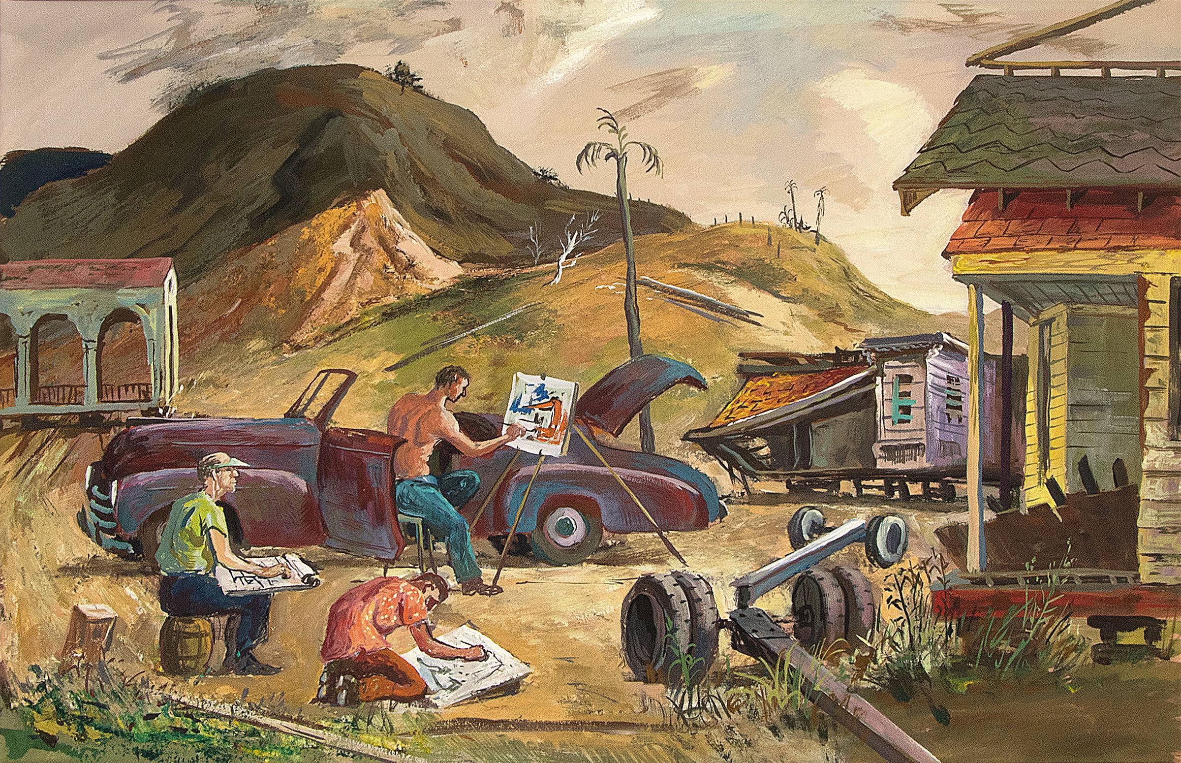 Croquis d'artistes, Californie, années 1940 Grande peinture à la gouache moderniste, paysage - Painting de Frederick Shane