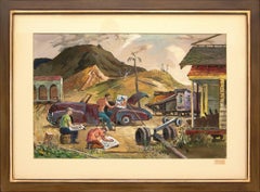 Vintage Artists Sketching (California), Watercolor, Landscape with Cars and Figures