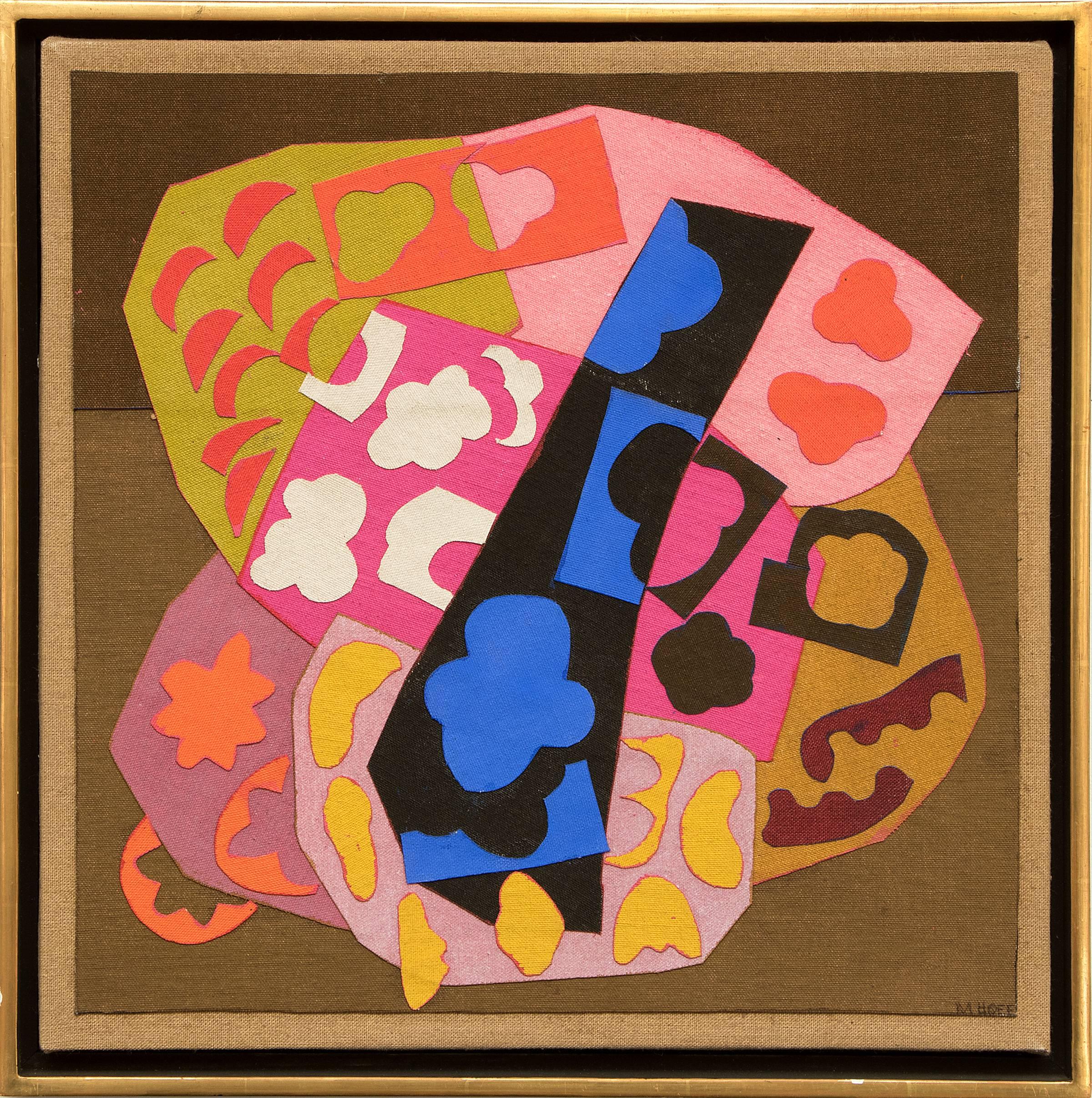 Abstract Painting Margo Hoff - Shop de tissus, collage de peinture abstraite : rose, bleu, vert, noir, orange, vert