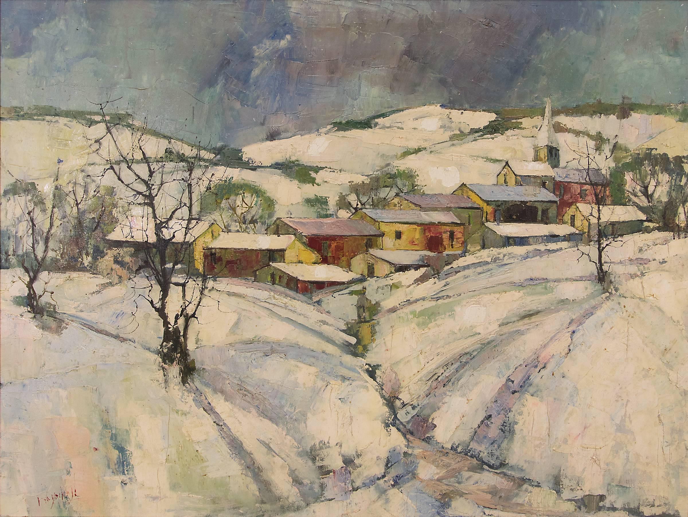 Untitled (Winter Village) - Painting by Jean Claude Mayodon