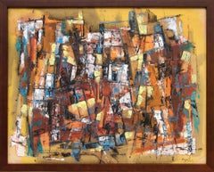 Vintage 1950s Abstract Expressionist Painting: Yellow Gold  Red Brown Orange Blue