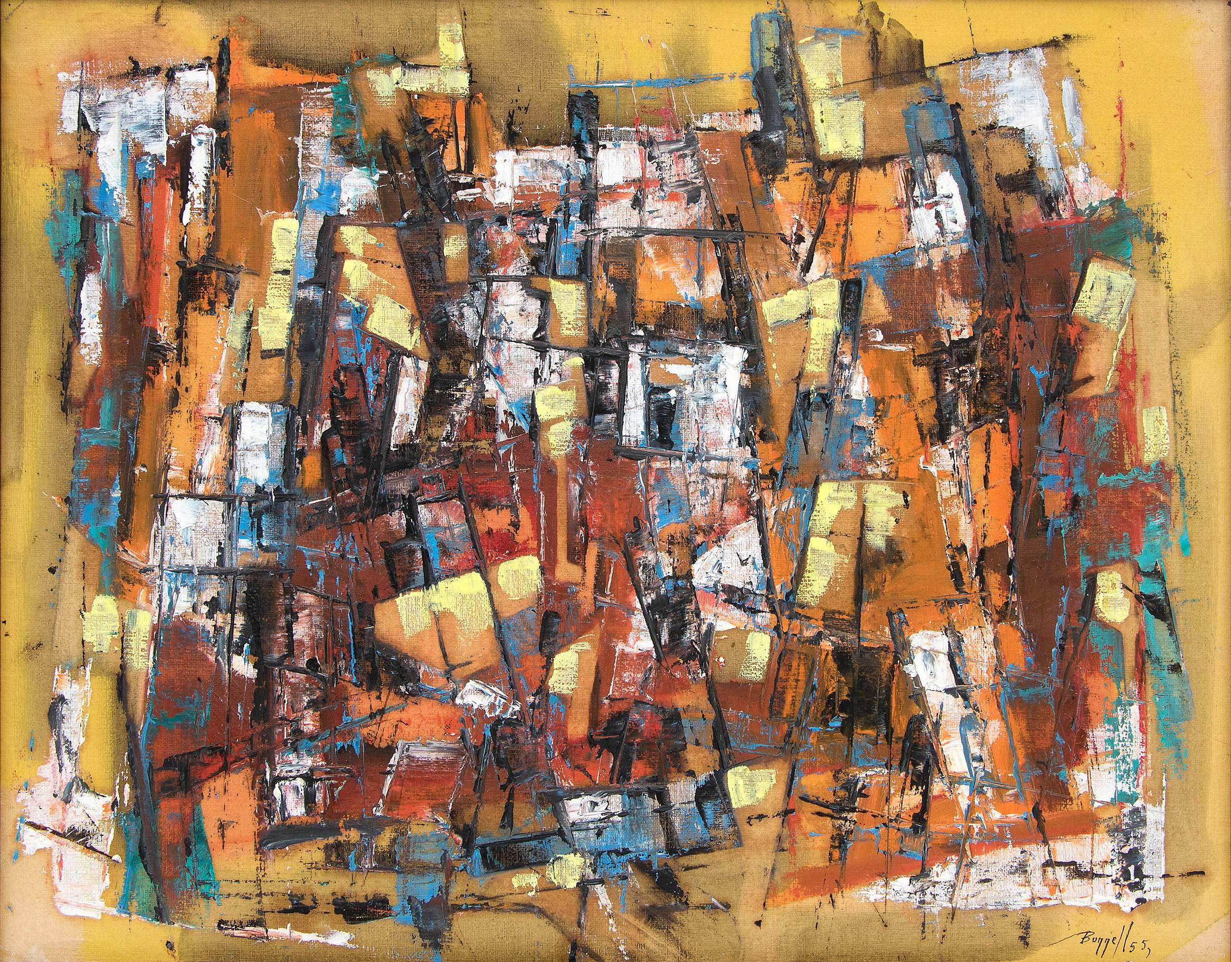 1950s Abstract Expressionist Painting: Yellow Gold  Red Brown Orange Blue 1