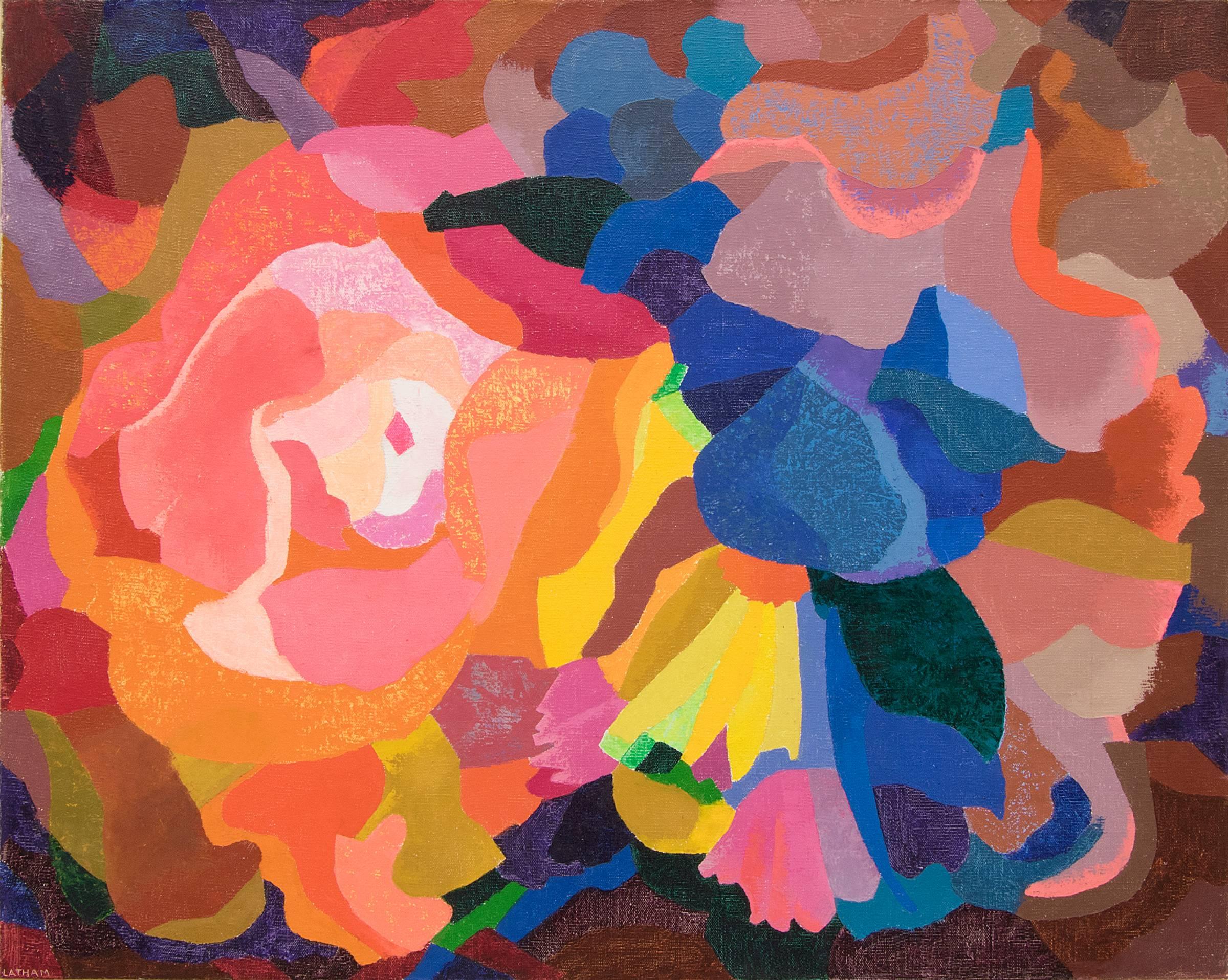 Bouquet is an original oil painting by 20th Century New Mexico Modernist woman artist, Barbara Latham (1896-1989), a mid-century modern abstract composition with Coral, Pink, Orange, Yellow, Blue and Green stylized flowers.  Presented in a custom
