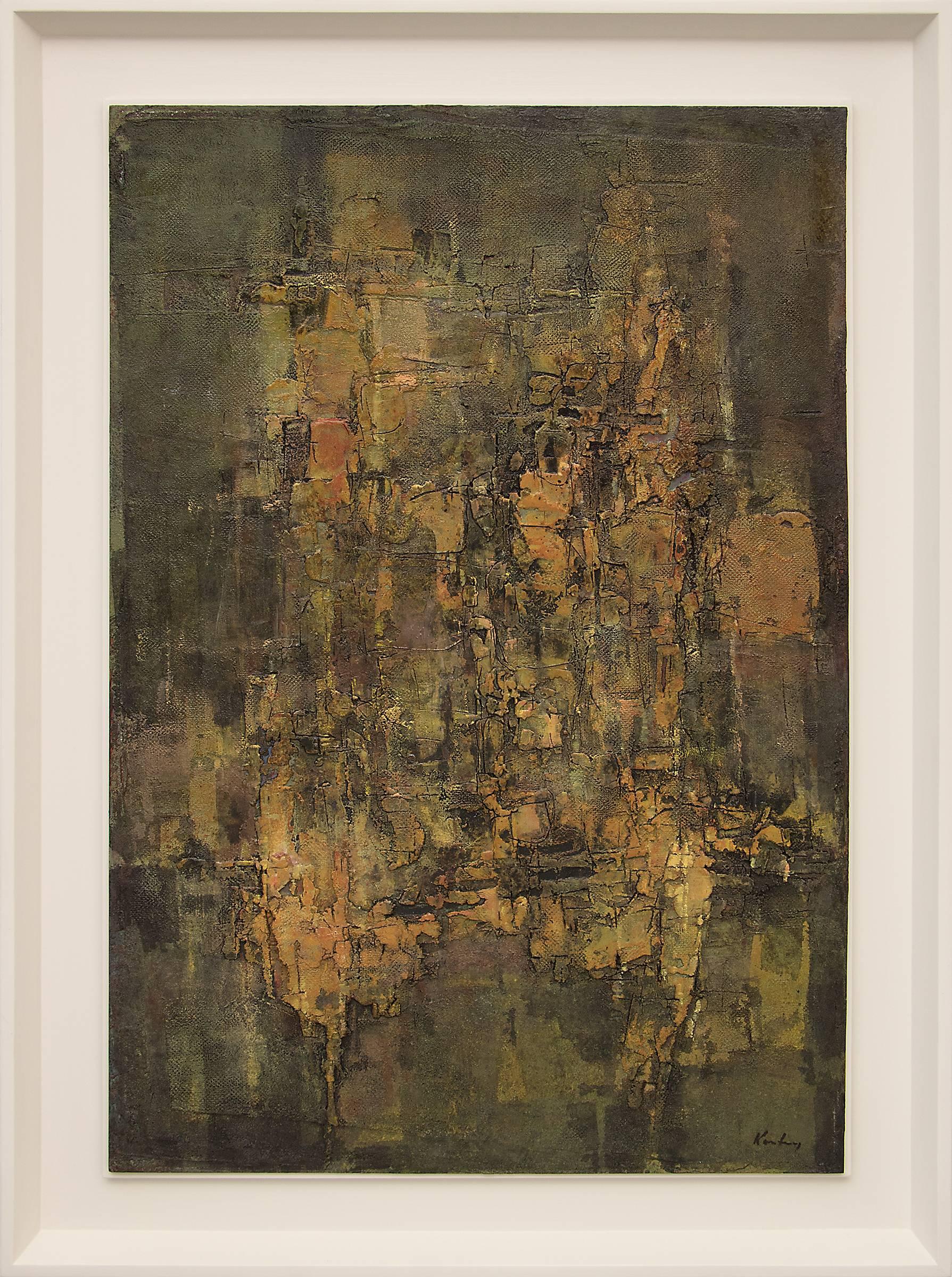 An abstract expressionist painting with heavy impasto by Colorado Artist, Pawel Kontny, created using a technique with a gessoed masonite panel with marble dust paste and applied oil glazes.  Painted in colors of Dark Green, Olive, Orange, Yellow,