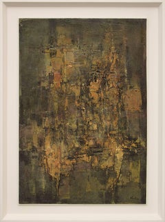 Abstract Painting in Dark Green, Olive, Orange, Yellow, light Brown, dark brown