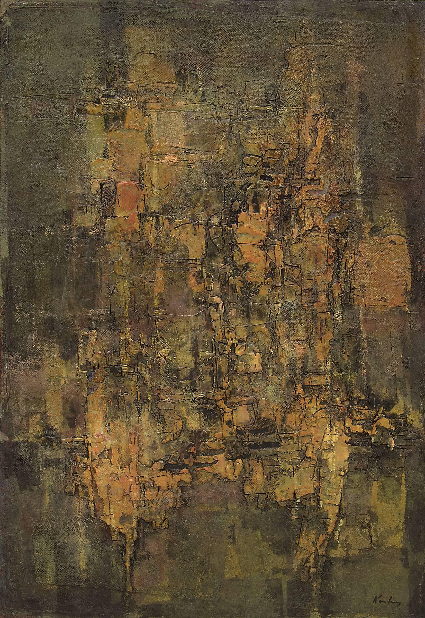 Abstract Painting in Dark Green, Olive, Orange, Yellow, light Brown, dark brown 1