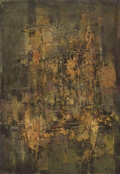 Abstract Painting in Dark Green, Olive, Orange, Yellow, light Brown, dark brown