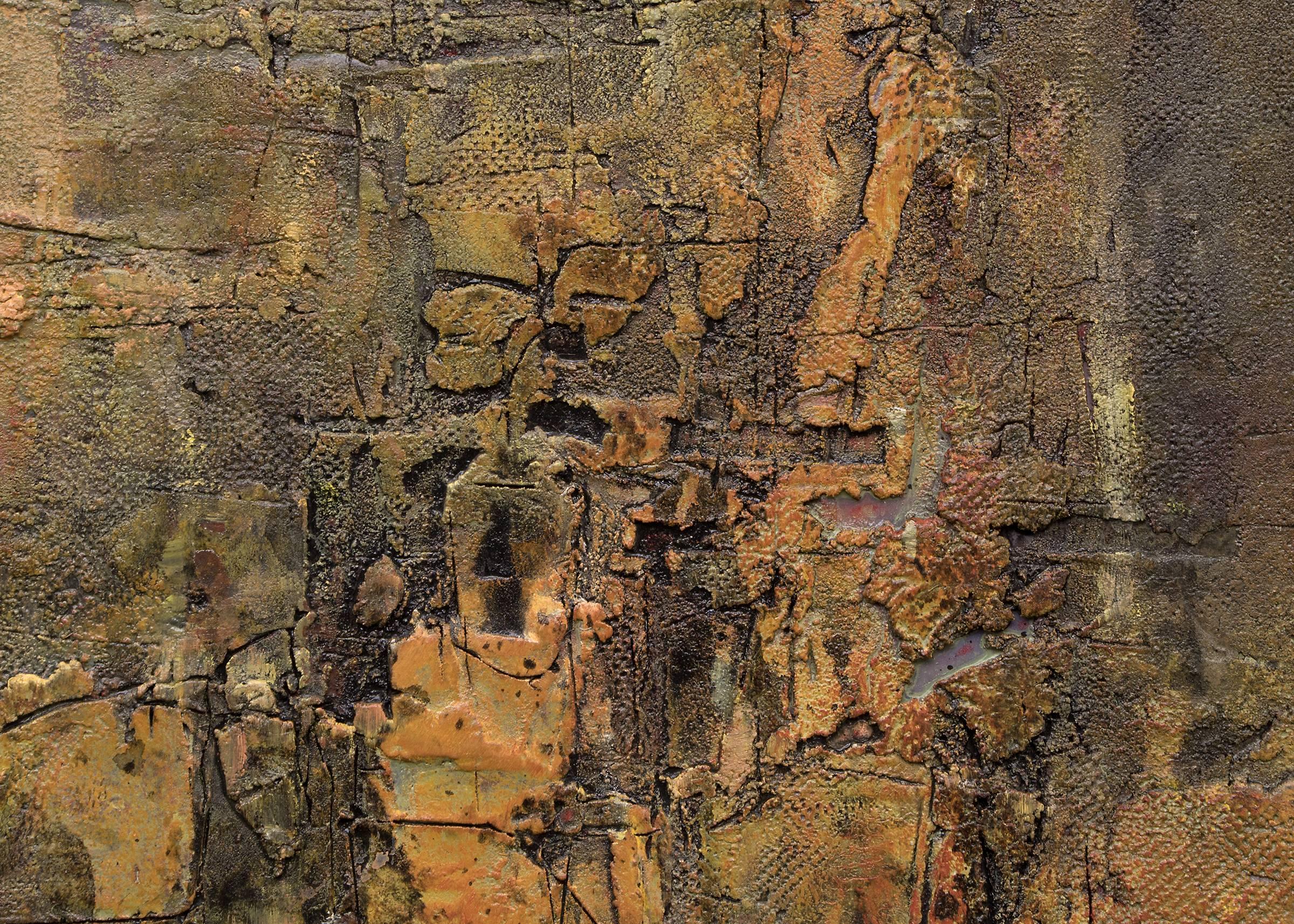 An abstract expressionist painting with heavy impasto by Colorado Artist, Pawel Kontny, created using a technique with a gessoed masonite panel with marble dust paste and applied oil glazes.  Painted in colors of Dark Green, Olive, Orange, Yellow,
