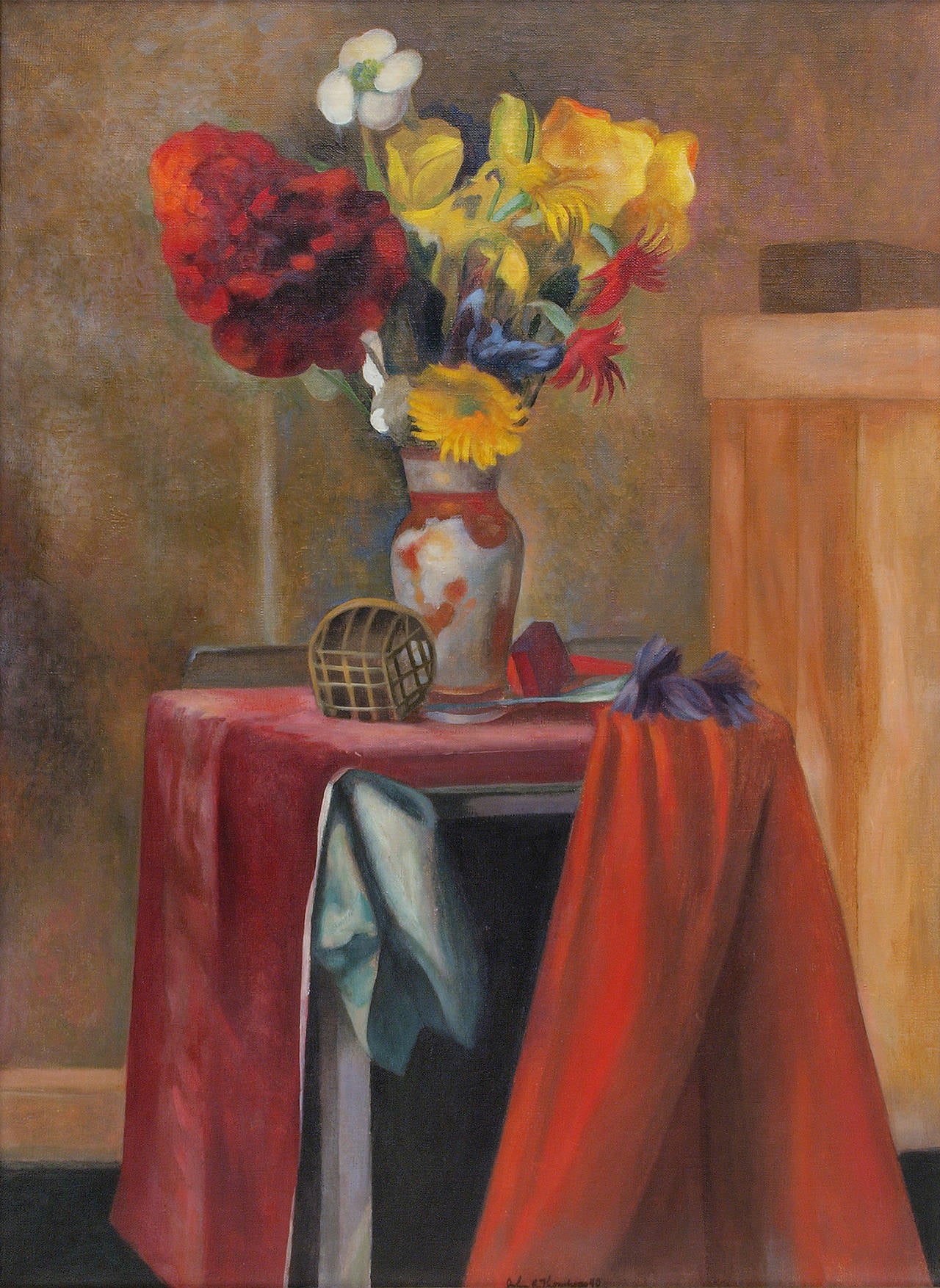 1940 Modernistisches Stillleben mit Blumen, gerahmtes florales Ölgemälde, Rot-Gelb, 1940 – Painting von John Edward Thompson