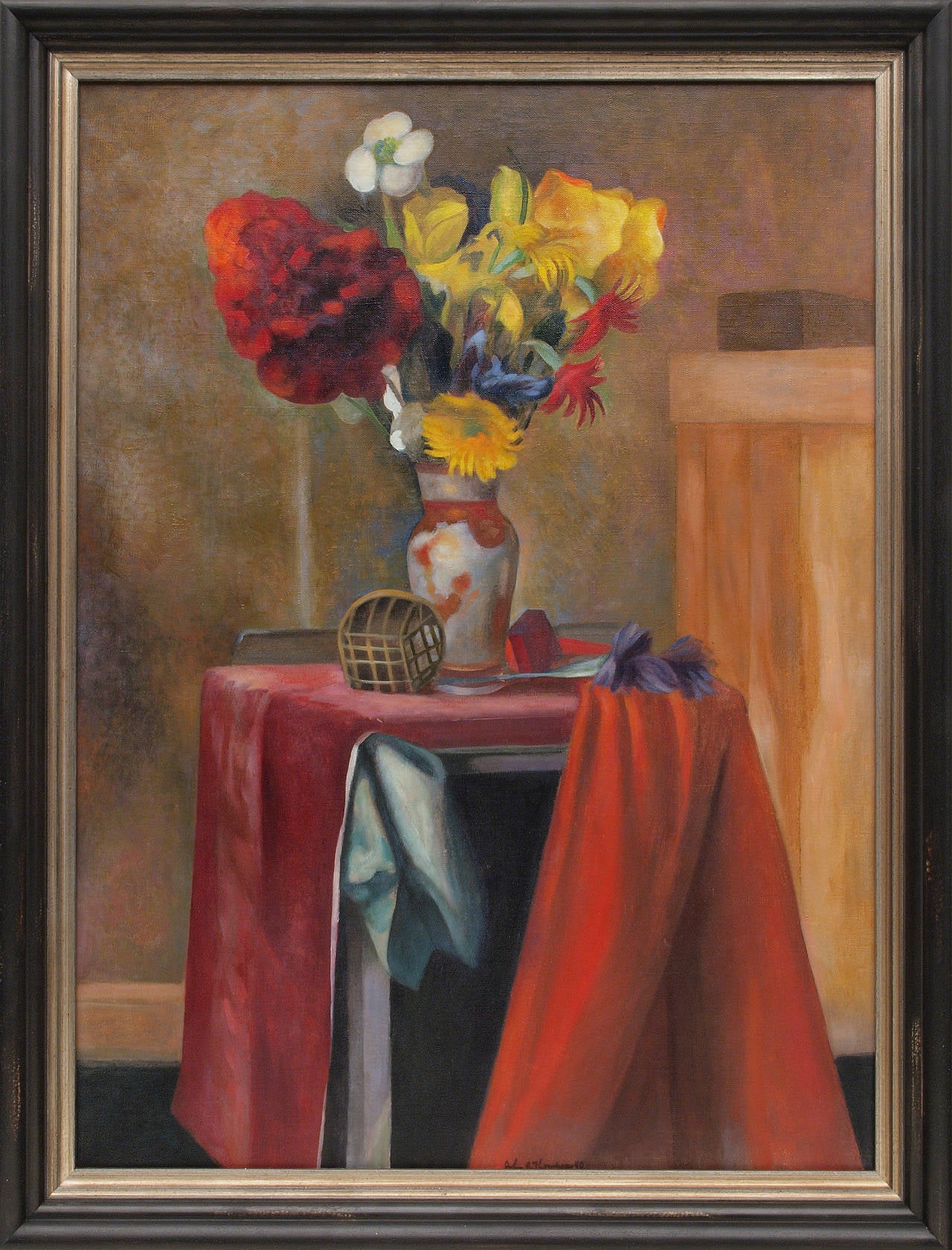 John Edward Thompson Still-Life Painting - 1940 Modernist Still Life with Flowers, Framed Floral Oil Painting, Red Yellow