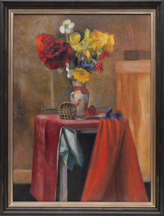 Vintage 1940 Modernist Still Life with Flowers, Framed Floral Oil Painting, Red Yellow