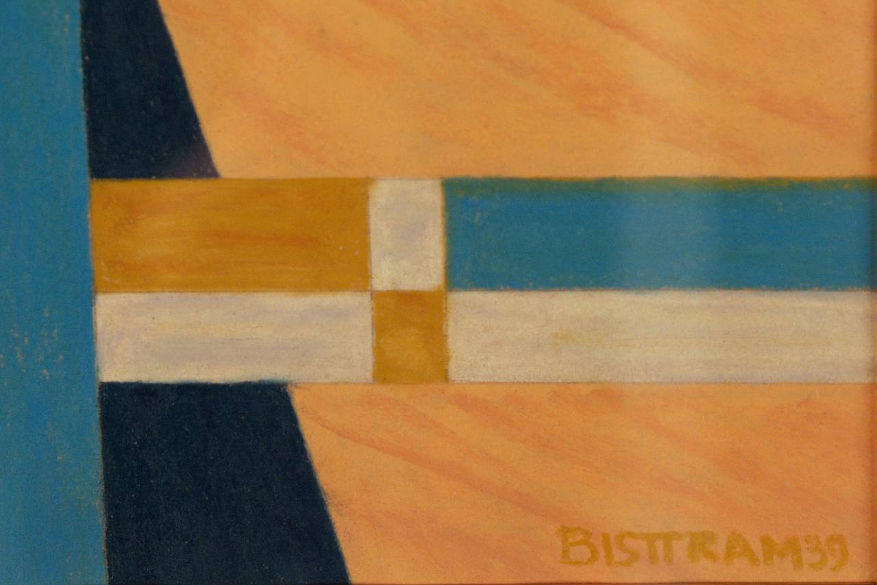 Original vintage 1939 transcendentalist painting by early New Mexico artist, Emil Bisttram (1895-1976) with a stylized cross motif in colors of Pink, Blue, Gold & White. Presented in a custom frame, outer dimensions are 25 ½ x 21 ½ inches. Image