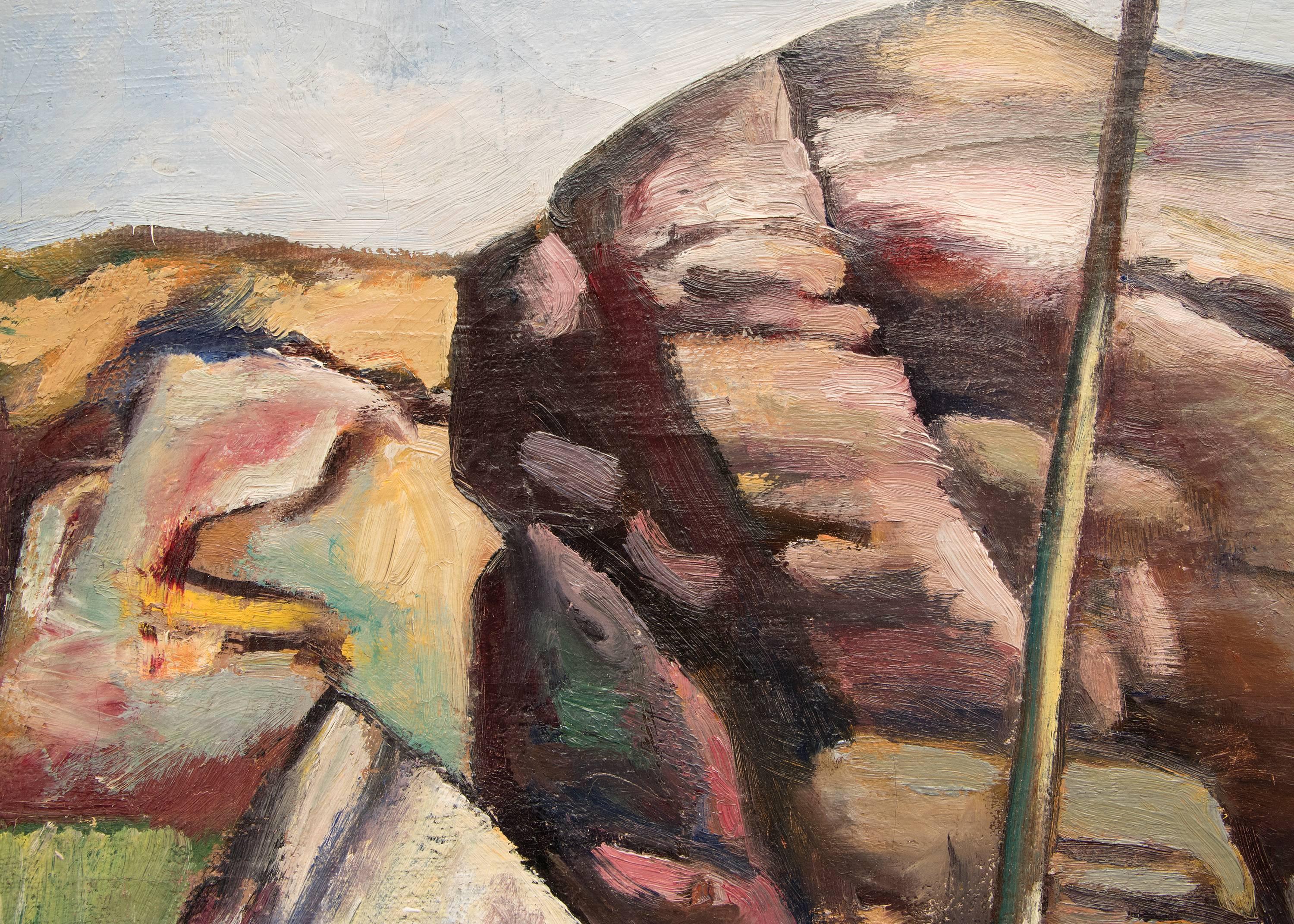 Paysage de montagne moderniste (probablement du Colorado), peinture à l'huile des années 1930 par Jan Matulka (1890-1972). Sogmed nu tje artist en bas à droite, cachet de la succession au verso. Cadre personnalisé sculpté à la main mesurant 30 x 35
