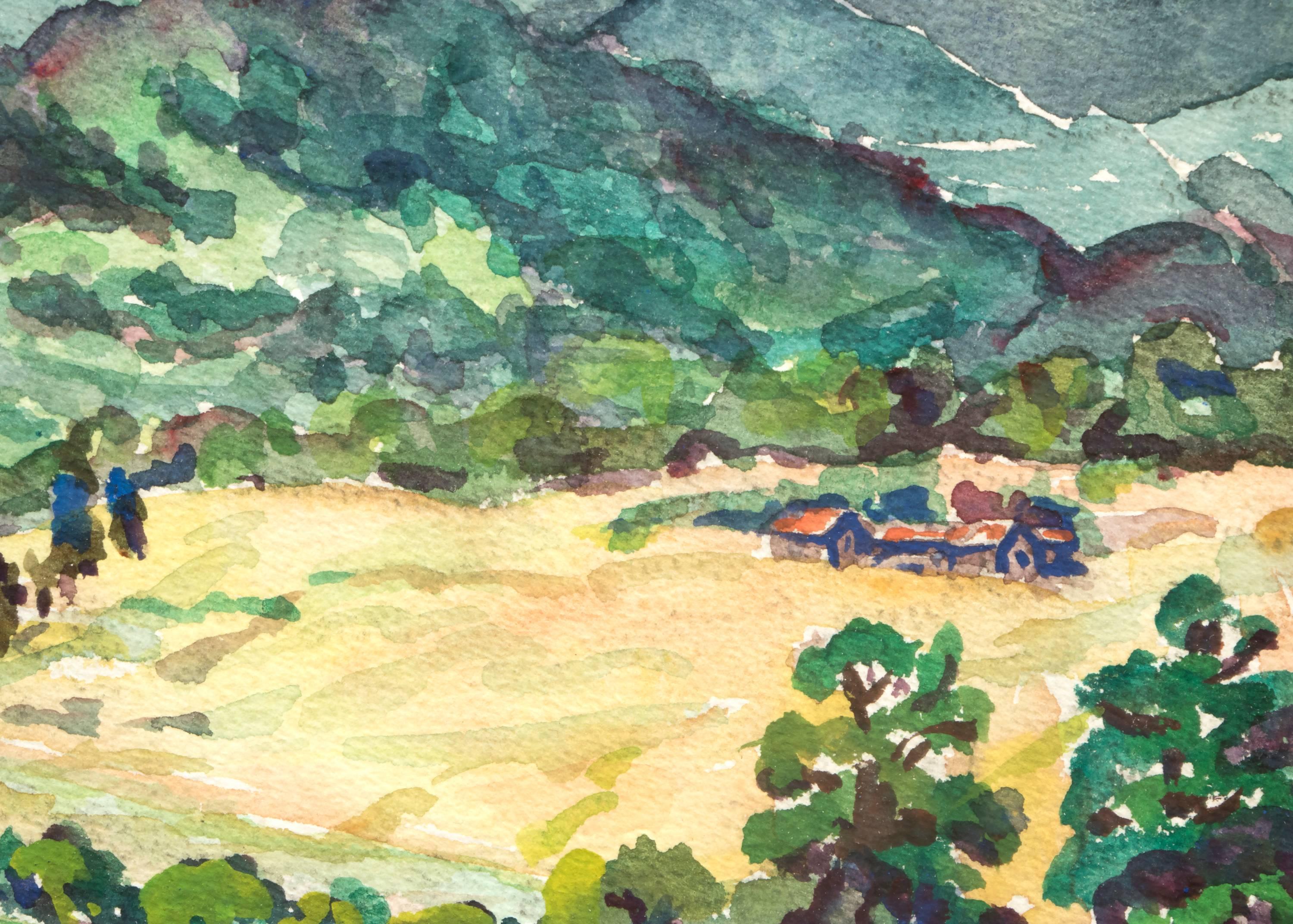 Ranch de montagne moderne d'été du Colorado, peinture à l'aquarelle - Gris Landscape Painting par Irene D. Fowler