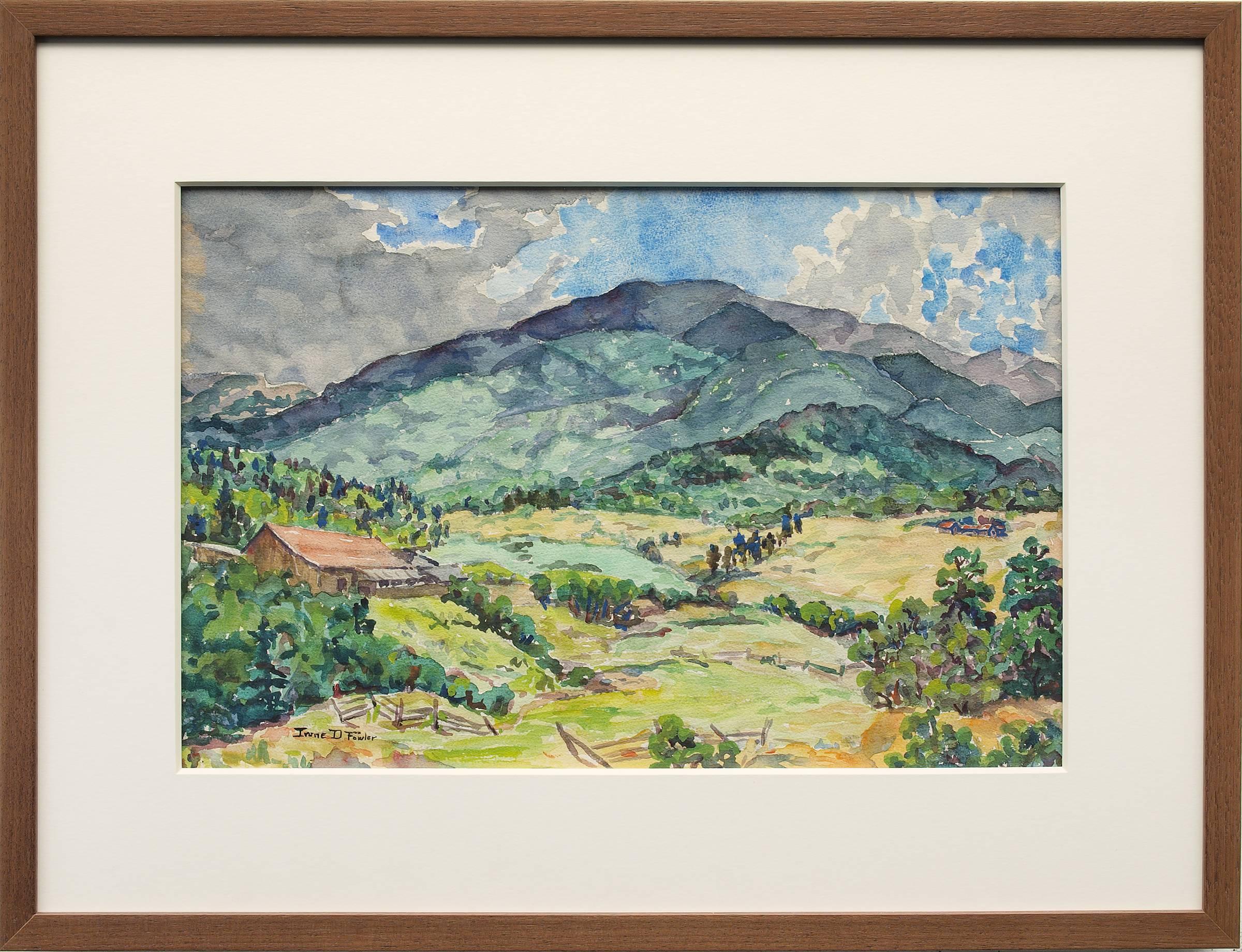 Mountain Ranch, Modern Summer Colorado Mountain Landscape, Watercolor Painting