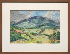 Rancho de montaña, Paisaje moderno de verano en las montañas de Colorado, Pintura en acuarela