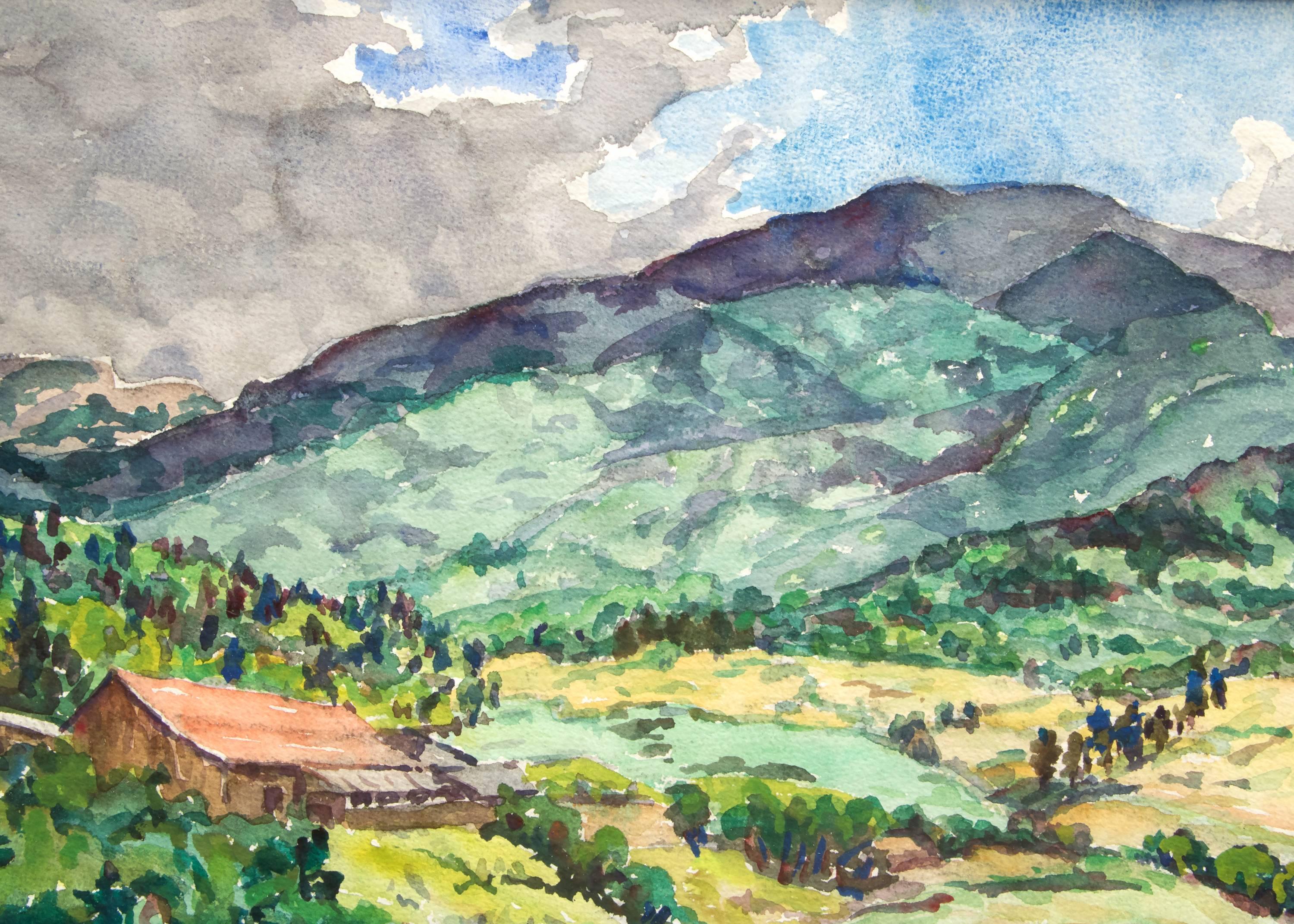 Mountain Ranch, Modern Summer Colorado Mountain Landscape, Watercolor Painting - Gray Landscape Painting by Irene D. Fowler