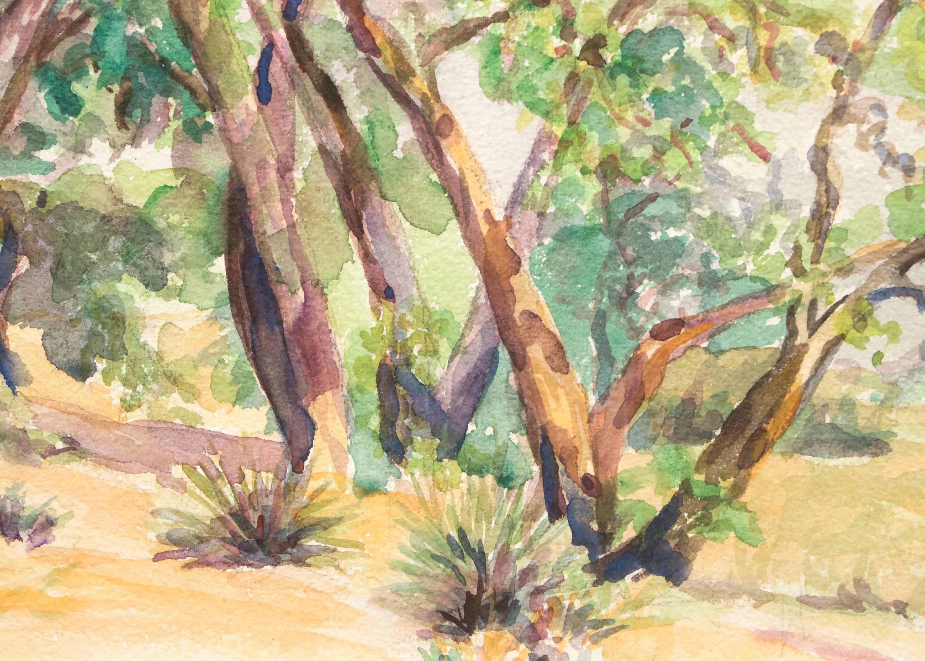 Peinture originale de paysage occidental représentant des arbres près d'un ranch dans le Colorado, réalisée par Irene Fowler, l'une des femmes artistes les plus importantes du Colorado au XXe siècle.  Présenté dans un cadre personnalisé, les