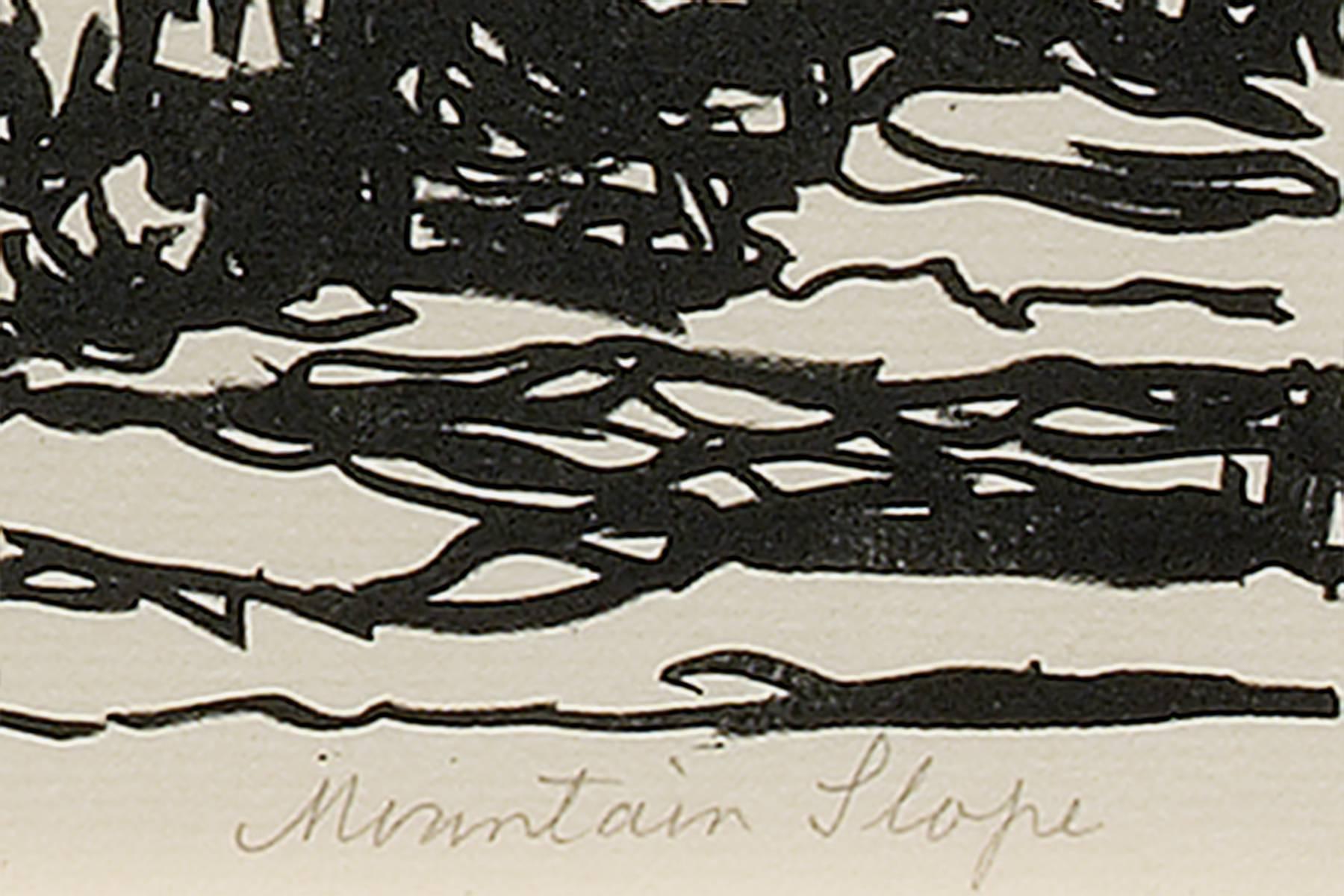 Mountain Slope is an original lithograph by Swedish-American artist, Birger Sandzén (1971-1954) printed in 1925 in an edition of 100 and pencil signed by the artist.  Black and White trees set in the Colorado Mountains with clouds in the background.