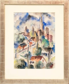 Sommertag, 1941 Kansas City Skyline, modernistisches regionalistisches Aquarellgemälde