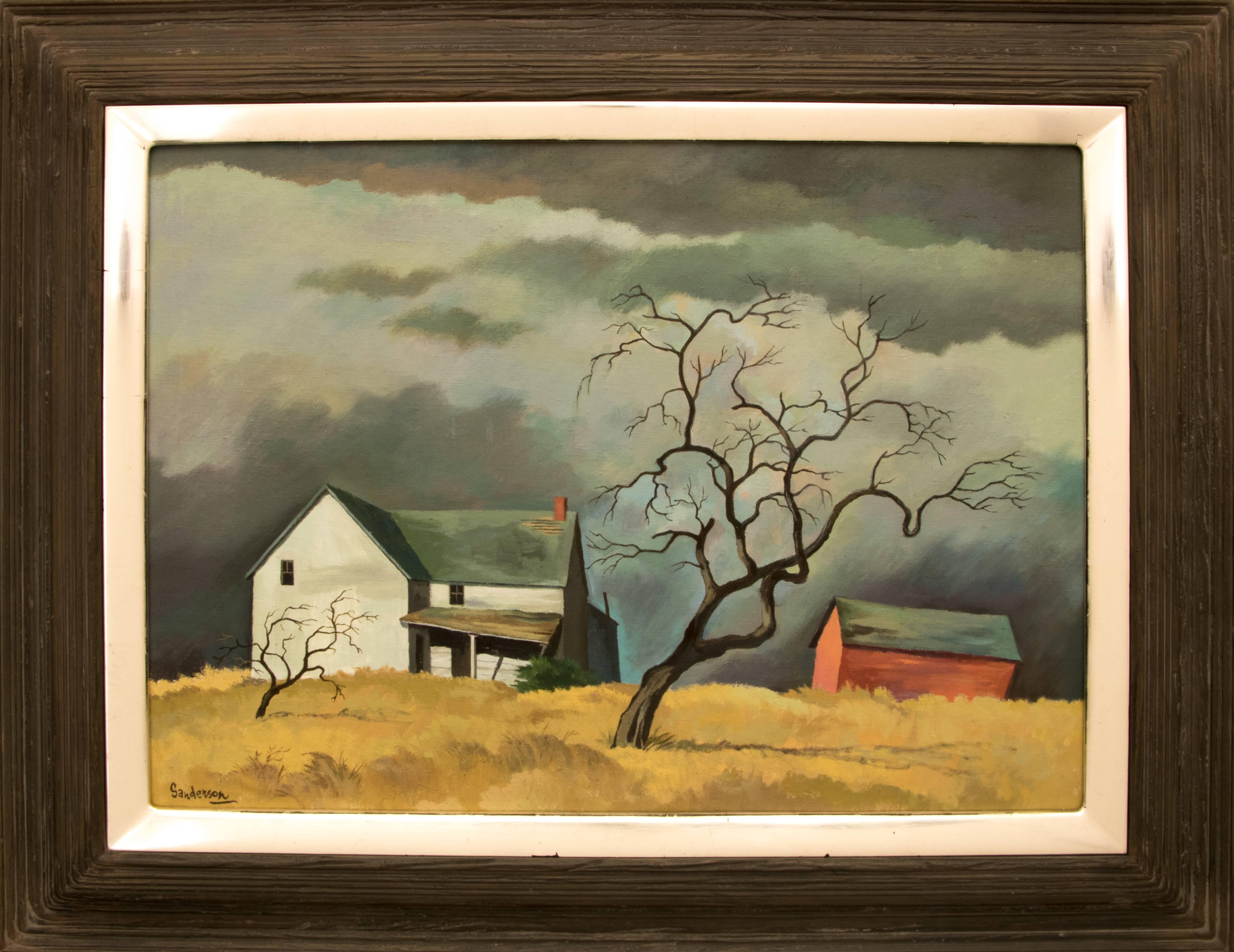 William Sanderson Landscape Painting - Red Barn and Tree (Surrealist/Modernist Colorado Landscape)