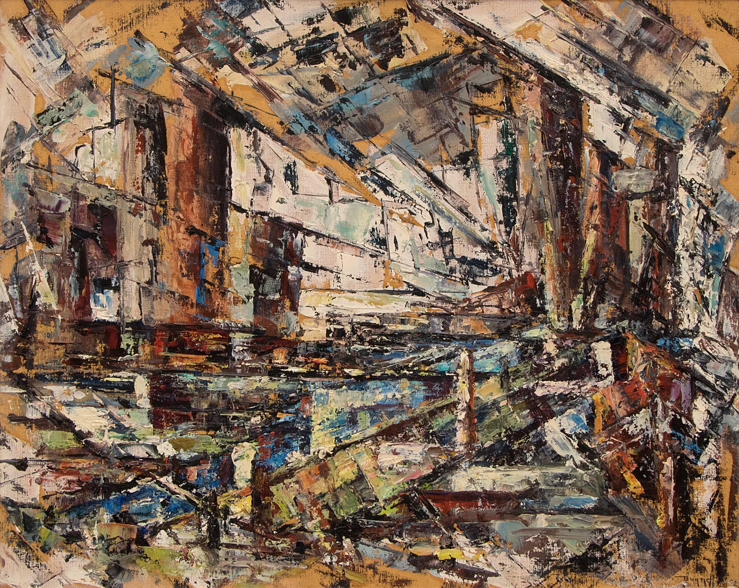 Abstraktes expressionistisches Ölgemälde aus den 1950er Jahren, abstrahiertes Bergbauviertel Colorado  (Abstrakter Expressionismus), Painting, von Charles Ragland Bunnell