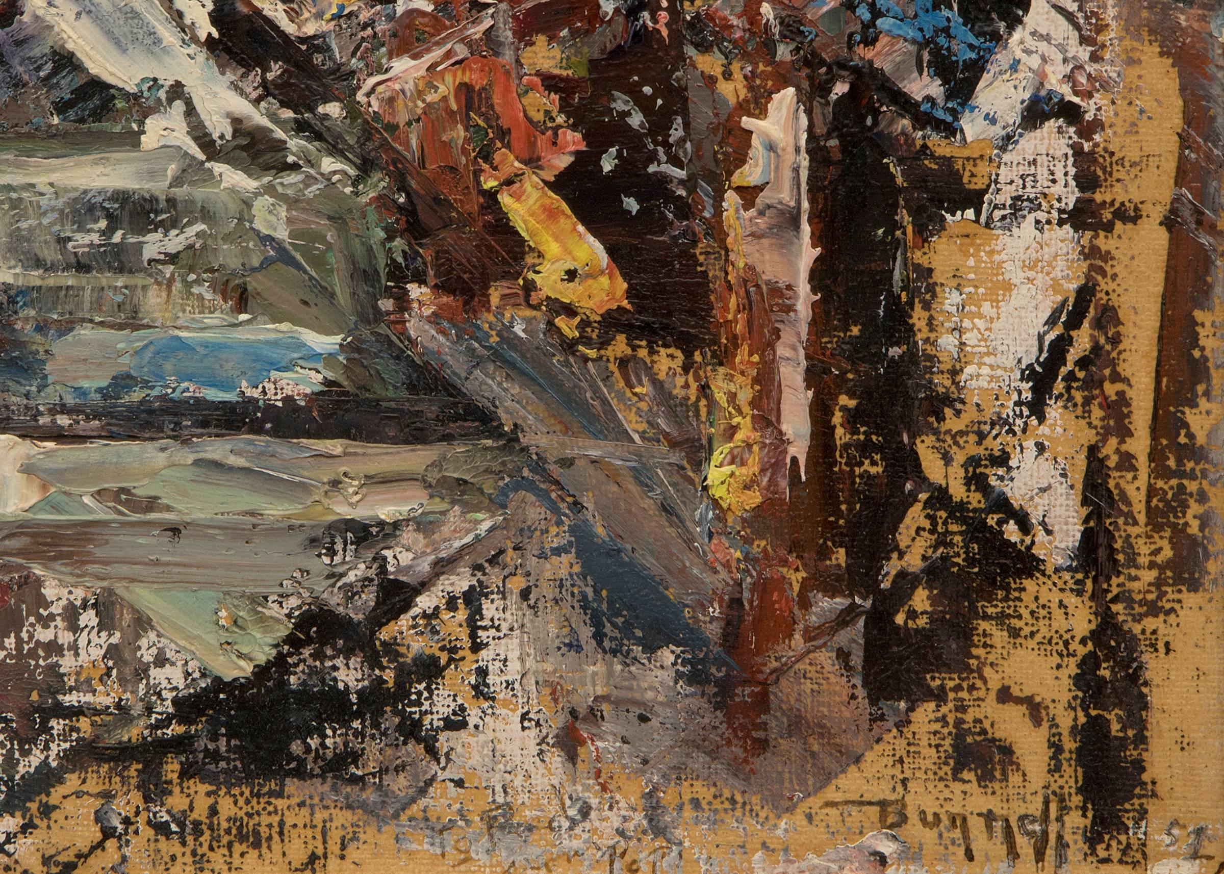 Abstrakt-expressionistische Komposition des Broadmoor Academy-Künstlers Charles Bunnell (1897-1968) aus der Mitte des Jahrhunderts.  Präsentiert in einem Vintage-Rahmen, Außenmaße messen 29 x 24 x 1 ½ Zoll.  Die Bildgröße beträgt 23 ½ x 18 ¾
