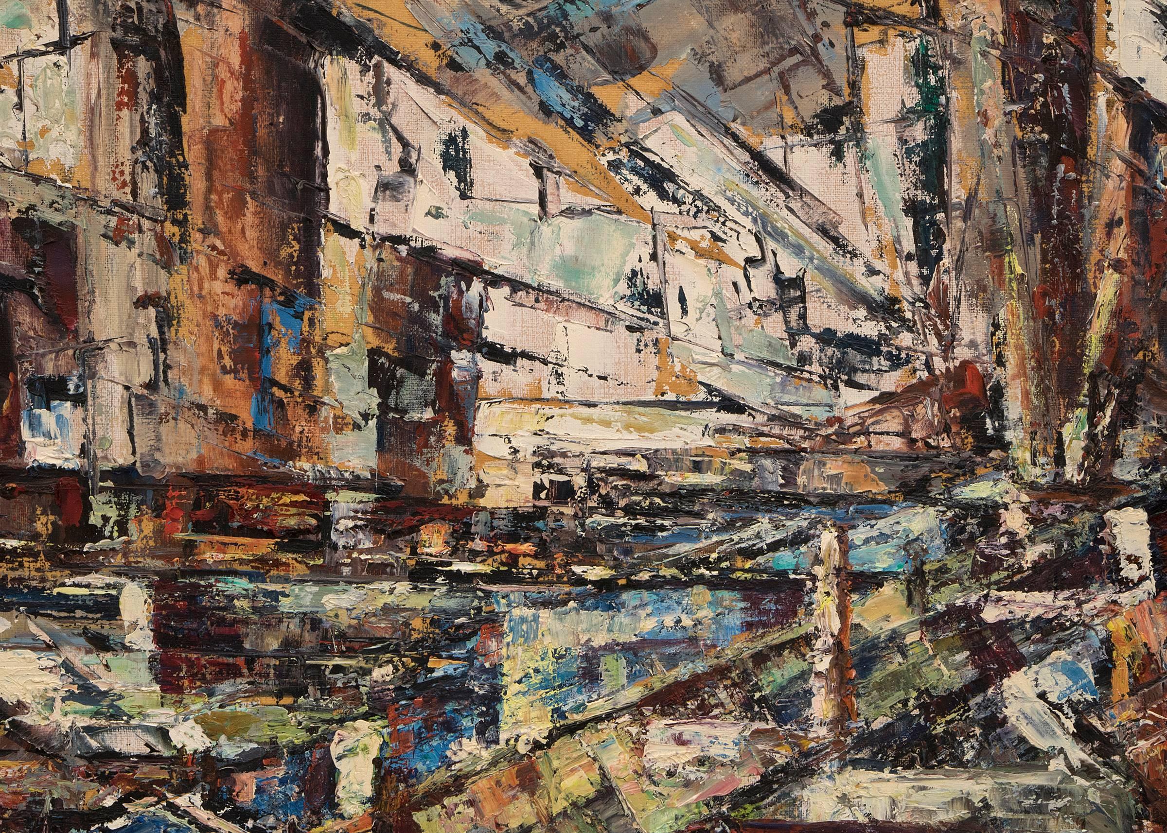 Abstraktes expressionistisches Ölgemälde aus den 1950er Jahren, abstrahiertes Bergbauviertel Colorado  1