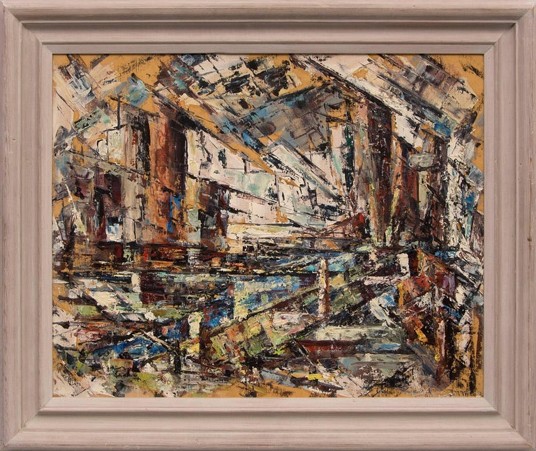 Mid-century Modern Abstract Expressionist composition by Broadmoor Academy artist, Charles Bunnell (1897-1968).  Presented in a vintage frame, outer dimensions measure 29 x 24 x 1 ½ inches.  Image size is 23 ½ x 18 ¾ inches.

Painting is clean and