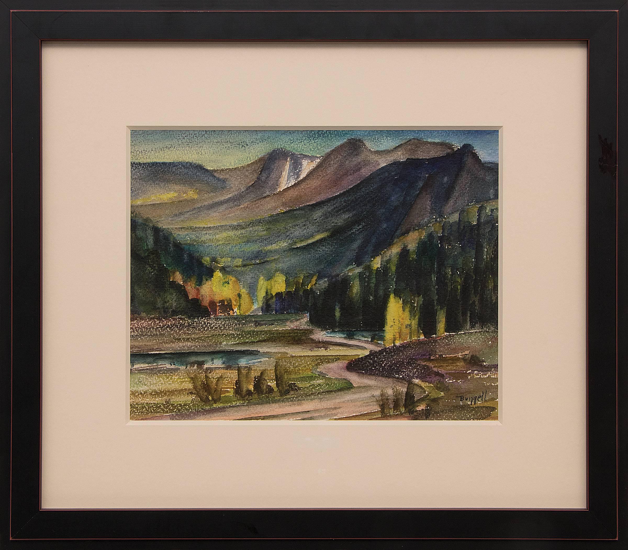 Catamount Country, Colorado Mountain Landscape in Autumn, Watercolor Green Blue