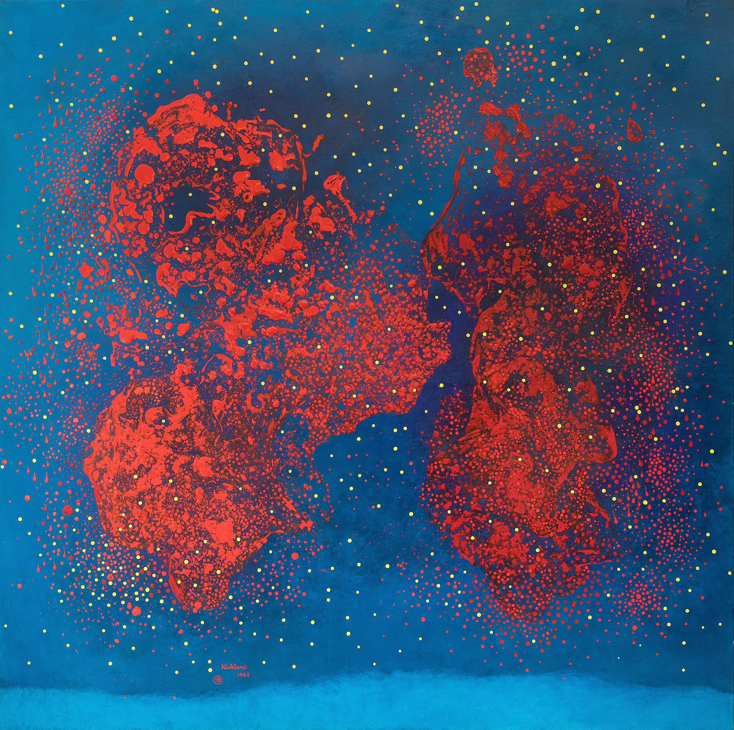 Vance Kirkland Abstract Painting - Reds on Blue - Number 12 (Energy of Vibrations in Space Series)