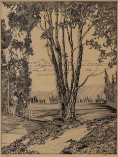 Beulah Beardsley “Colorado Mountain Landscape” 1931 Ink Resist Modernist Art