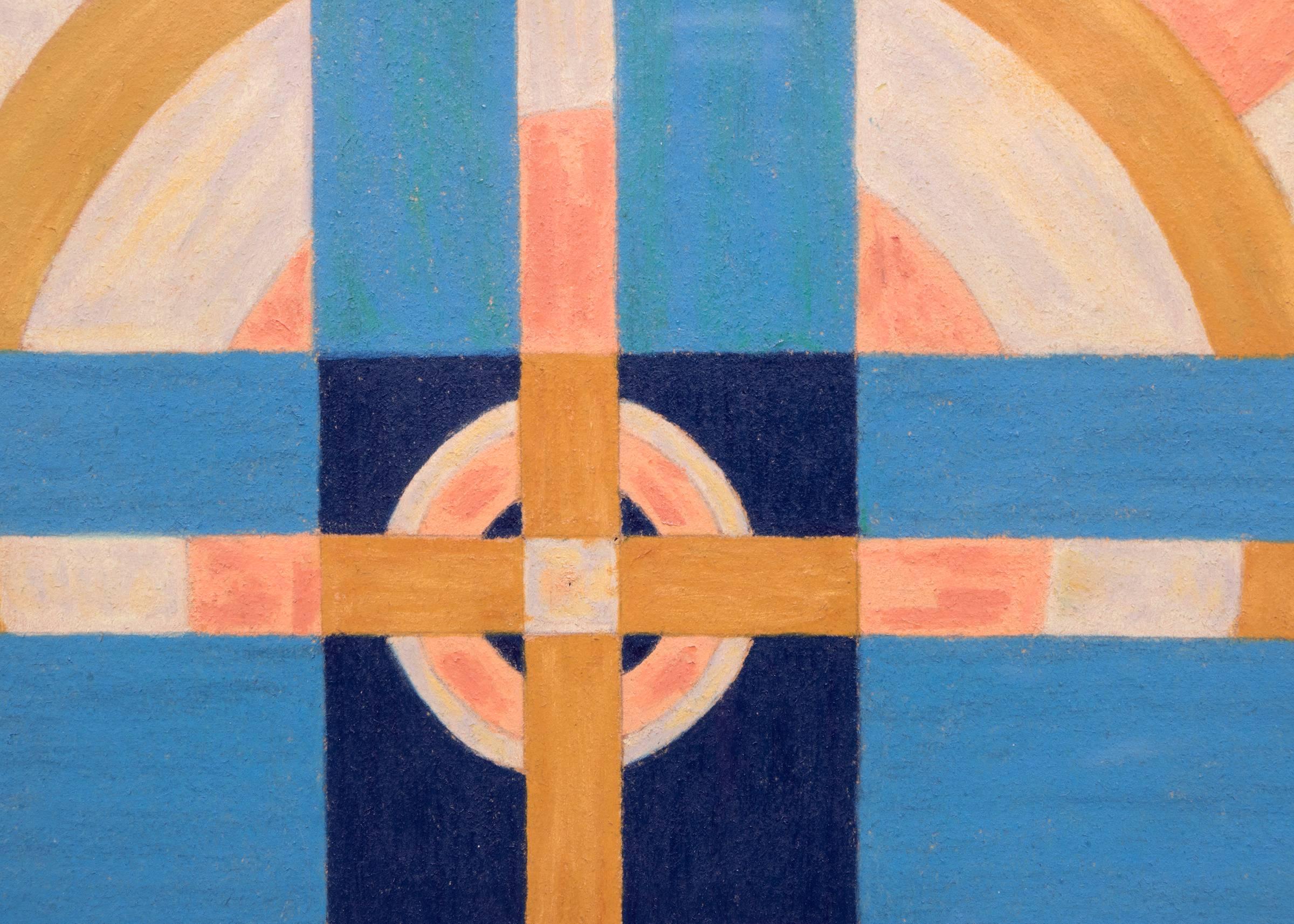 Originales transzendentalistisches Gemälde des frühen Künstlers Emil Bisttram (1895-1976) aus New Mexico von 1939 mit einem stilisierten Kreuzmotiv in den Farben Rosa, Blau, Gold und Weiß. Präsentiert in einem benutzerdefinierten Rahmen, sind die