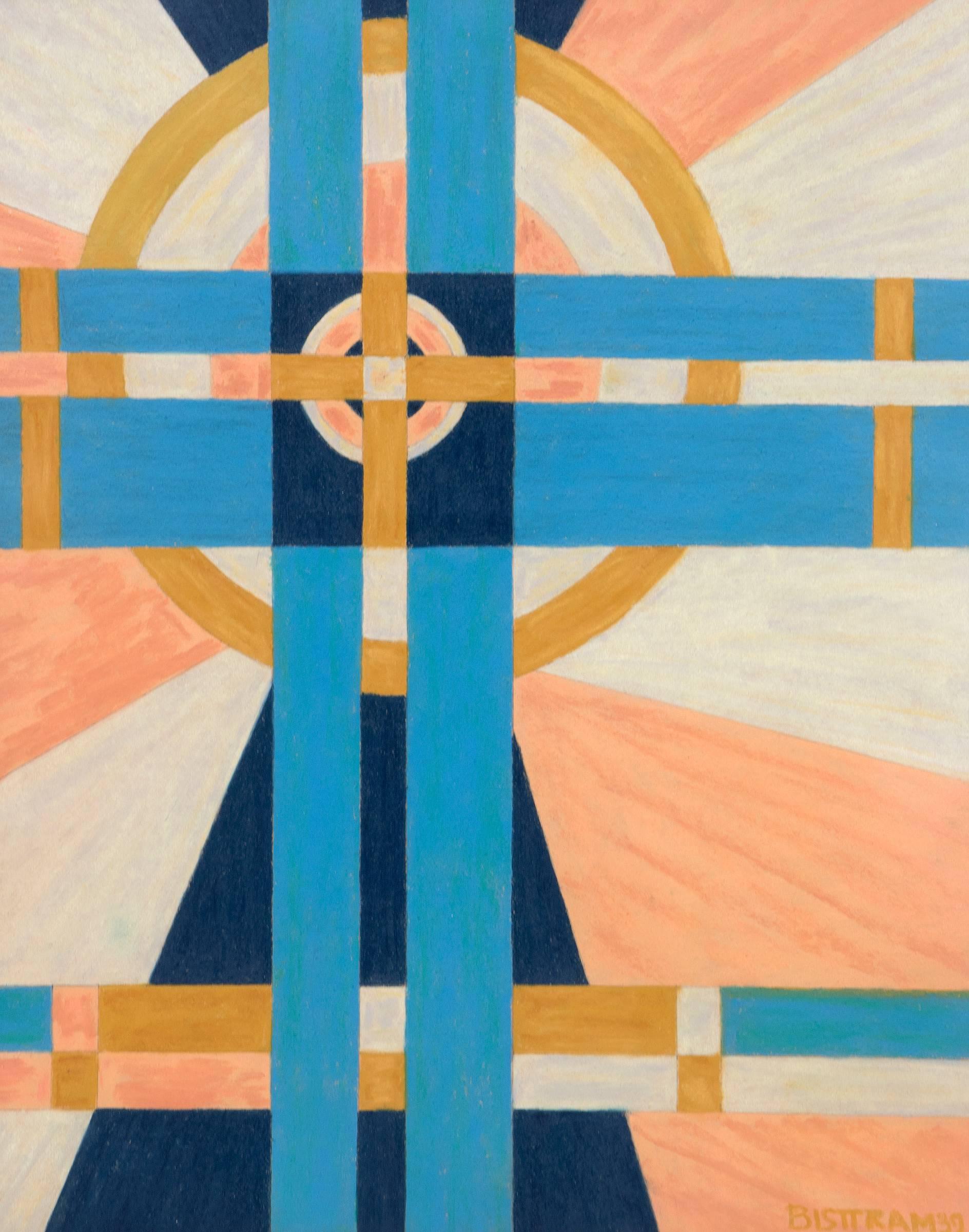 Emil Bisttram Abstract Painting – Abstrakte pastellfarbene abstrakte Zeichnung, gerahmte abstrakte geometrische Zeichnung, 1930er Jahre