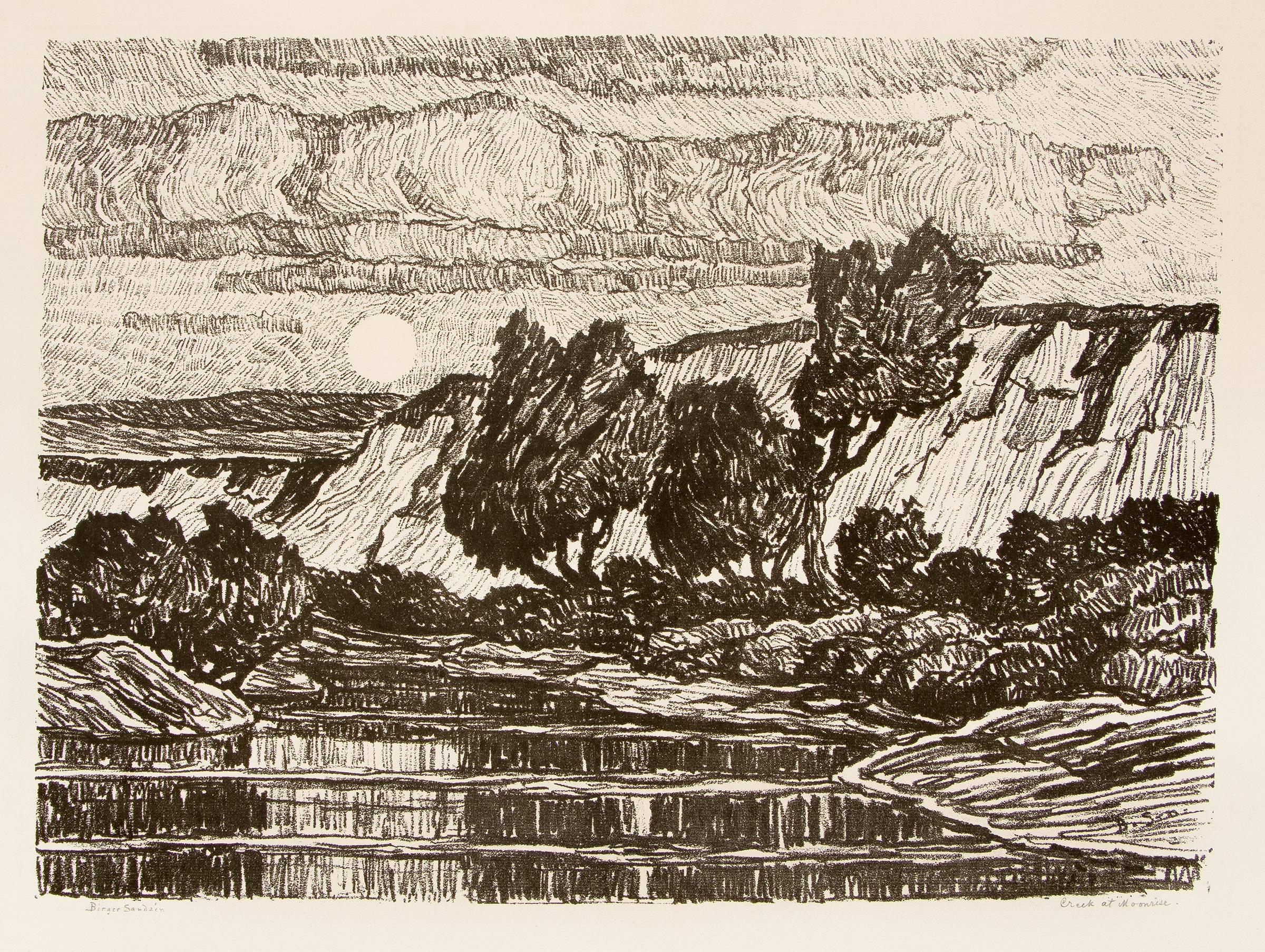 Birger Sandzen Landscape Print - Creek at Moonrise