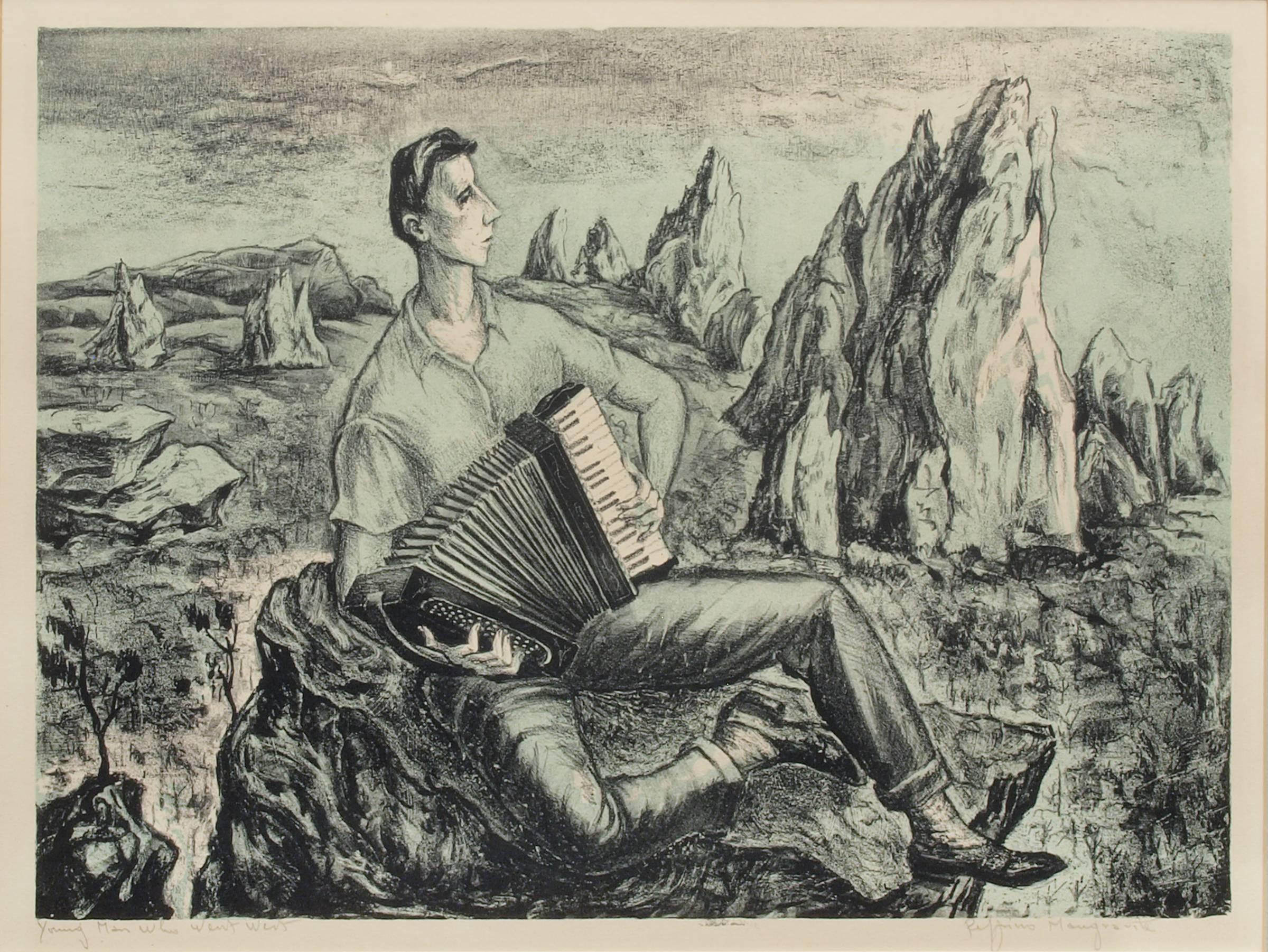 Young Man Who Went West, WPA Era Modernist Colorado Landscape With Figure - Print by Peppino Mangravite