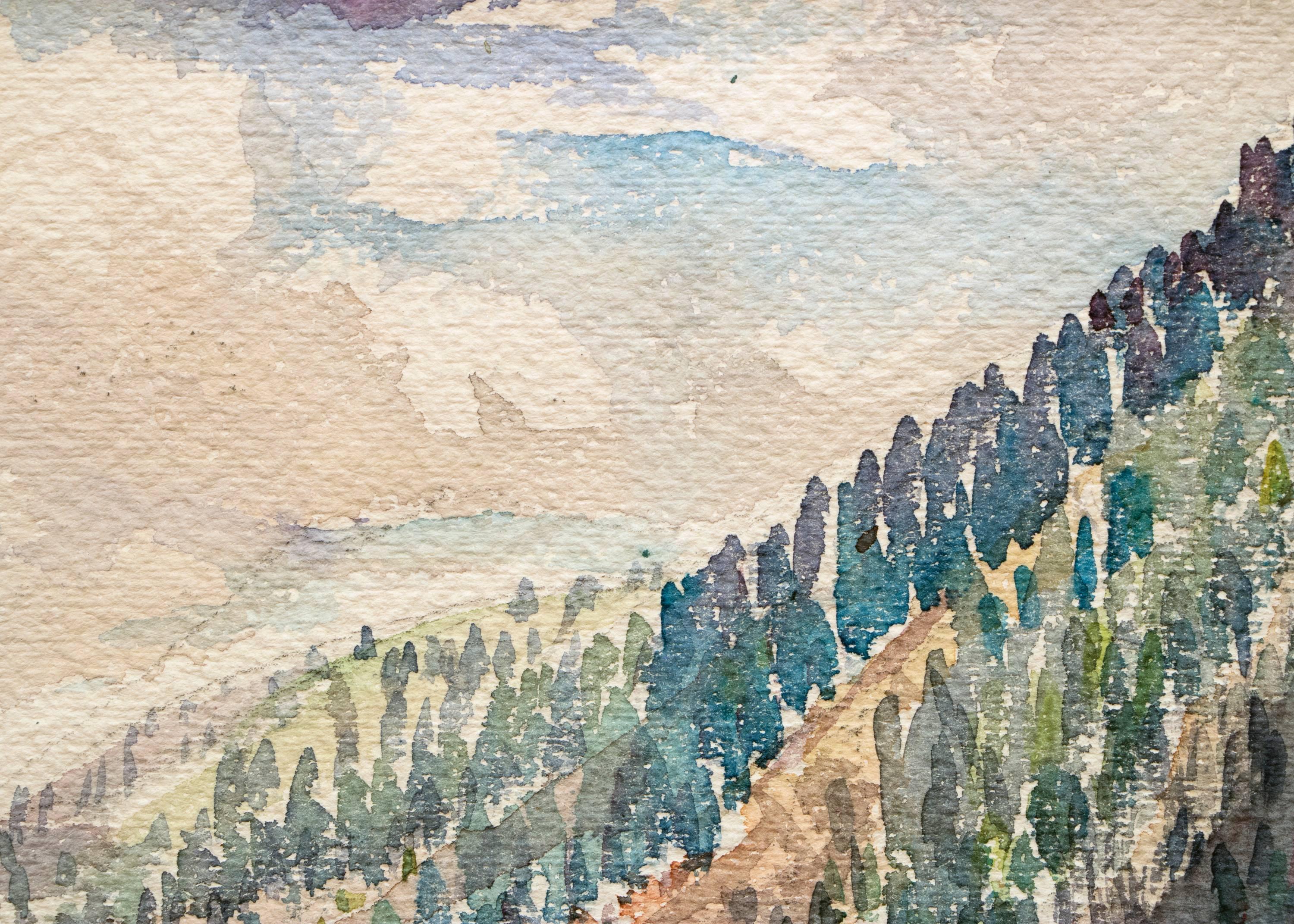 Watercolor on paper painting of Cameron's Cove outside of Colorado Springs, Colorado by Charles Ragland Bunnell from the 1930s. Scenic mountain landscape painted in colors of green, blue, and browns. Housed in a custom frame with archival materials,