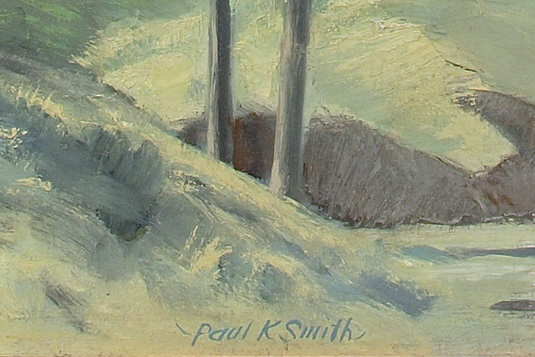 WPA-Ära signiert gerahmt modernistischen Ölgemälde von Häusern und Bäumen im Sommer mit einer stürmischen Wolke in Colorado von Paul K. Smith in Schattierungen von grün, gelb, grau, blau und braun.  Die Außenmaße betragen 29 x 33 x 1 ¼ Zoll und