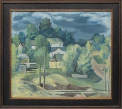 Town sur les collines du Colorado avec nuages de tempêtes, paysage moderniste des années 1940, vert luxuriant