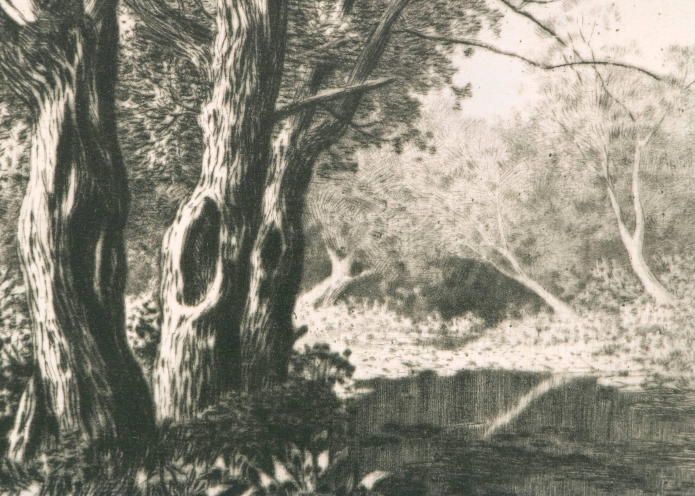 George Elbert Burr, original landscape etching of a Creek and Trees (likely Colorado), signed lower left margin in pencil and dated verso. Presented in a custom frame with all archival materials, outer dimensions measure 13 x 16 ½ x 1 inches.  Image