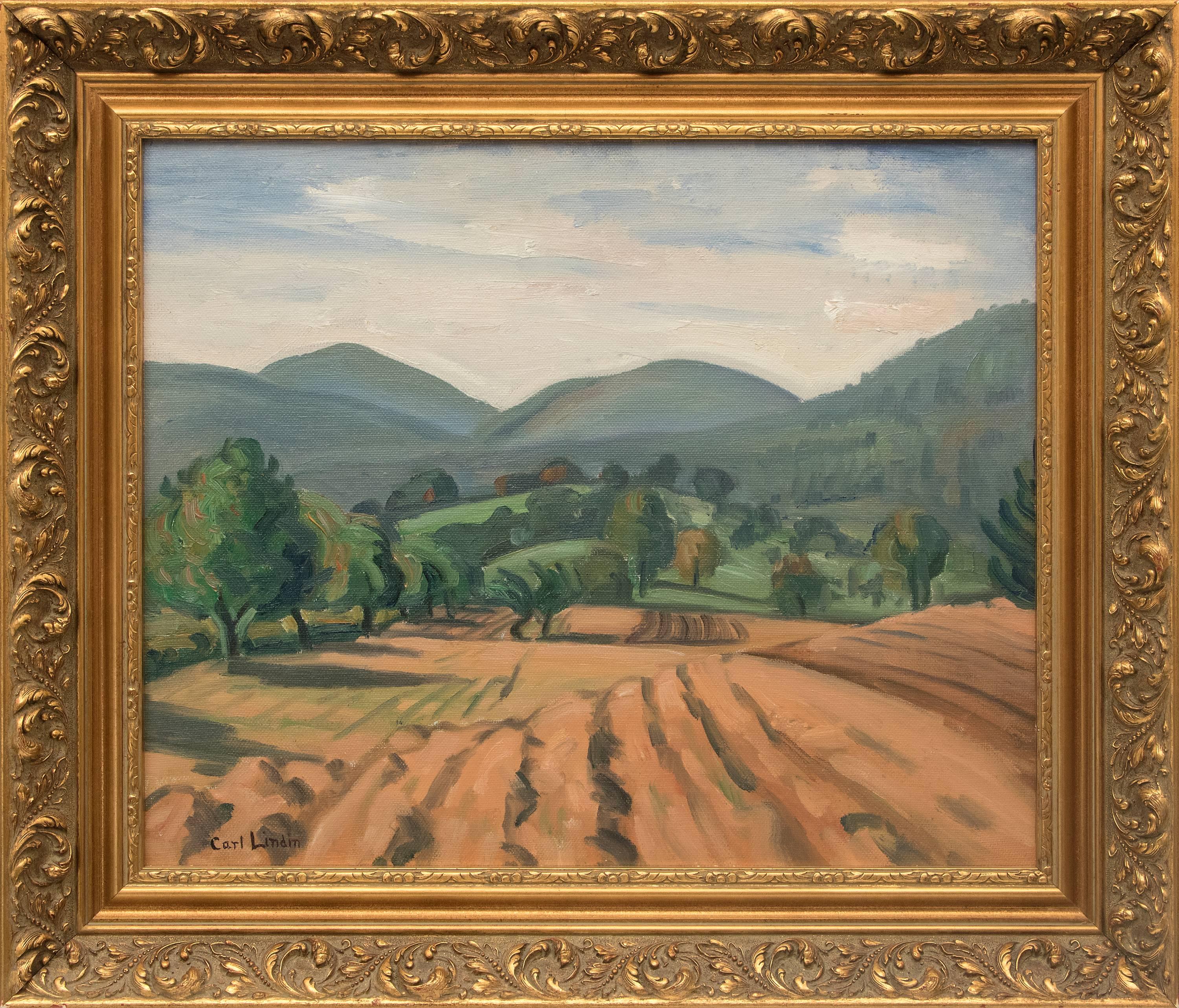 An original signed landscape oil painting of Ojai, California from the 1920s by Swedish-American artist, Carl Lindin.   Presented in a custom frame, outer dimensions measure 23 ½ x 27 ½ x 2 inches.  Image size is 18 x 22 inches.
Provenance: Estate