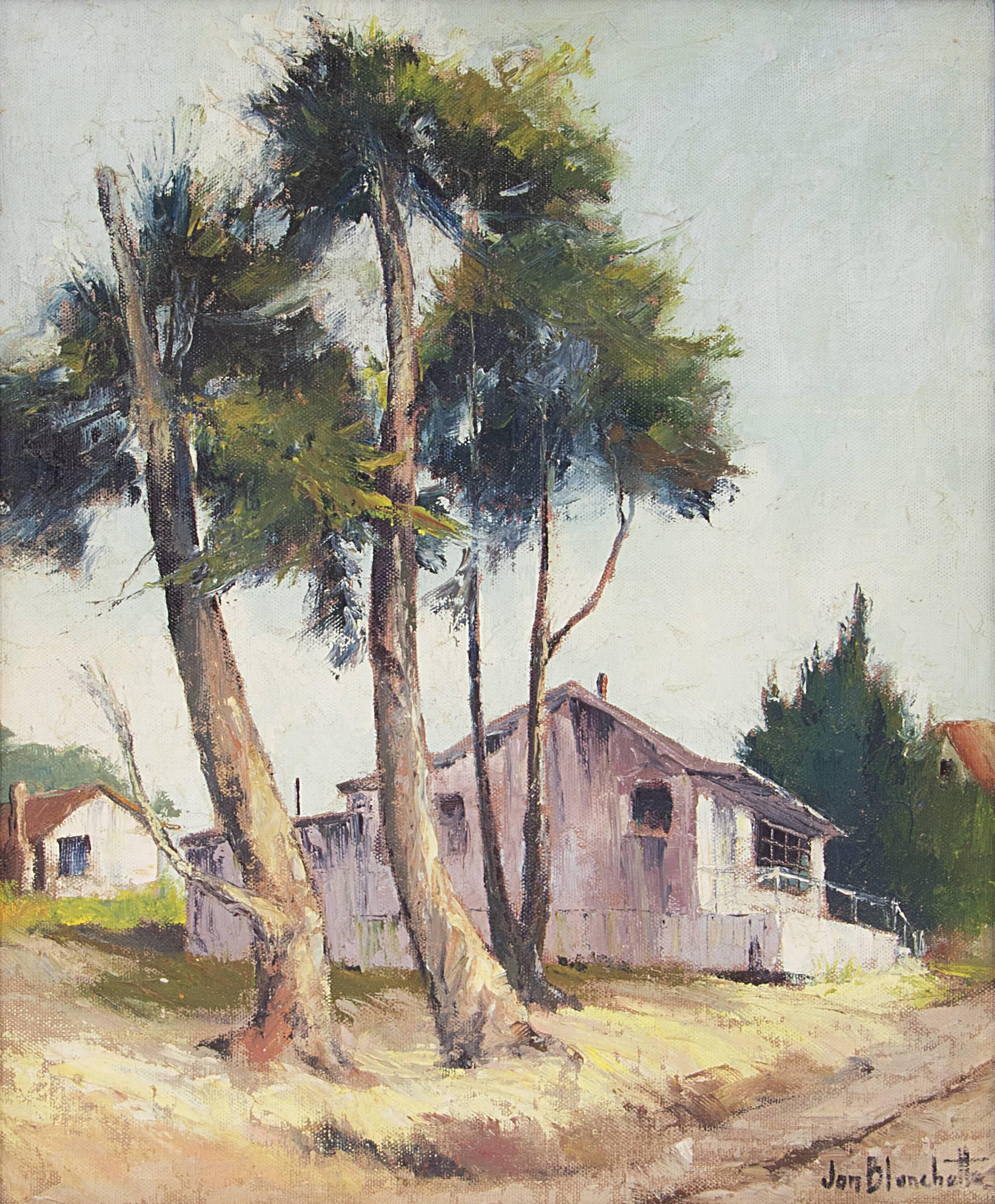 Casa del Capitán del Puerto, Santa Cruz California Paisaje con palmeras y casa de campo - Painting de Jon Blanchette
