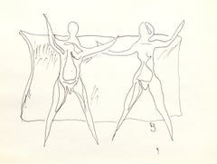 Edgar Britton circa 1970 Two Figures Semi-Abstract Ink Drawing, American Modern