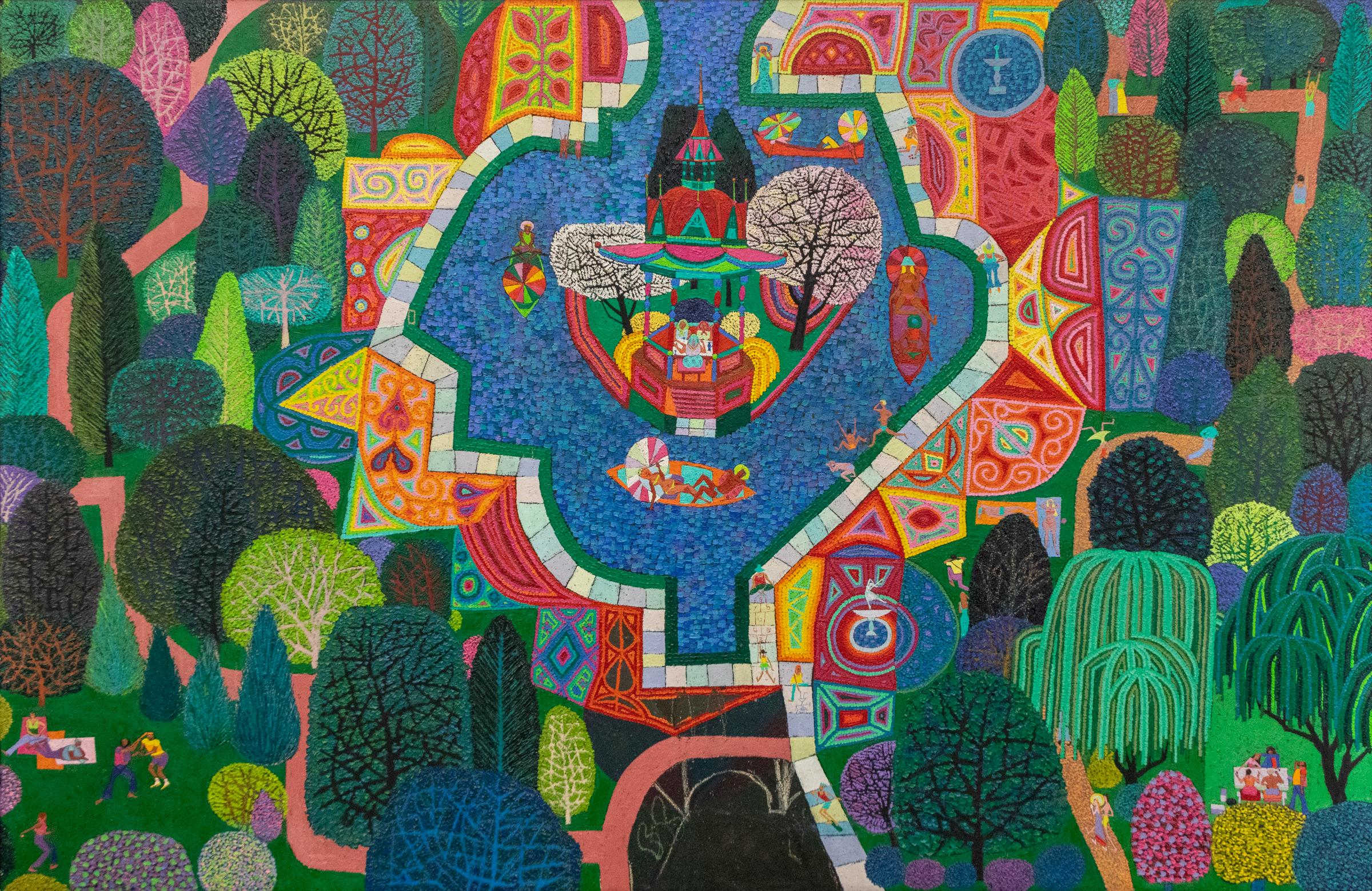 Edward Marecak Figurative Painting – Große halb-abstrakte Öl-Landschaft - Stadtpark Denver, Colorado, bunte Ansicht