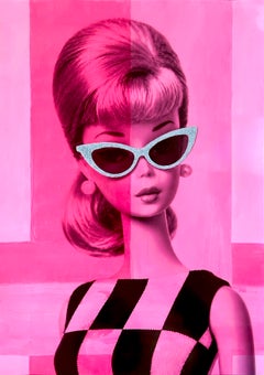 Barbie Acrylic on Handmade Paper with Glitter, 2010s, 16.5x11.75 in
