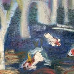 Our Happy Pond, Contemporary Oil on Canvas, Framed 39.25 x 39.25