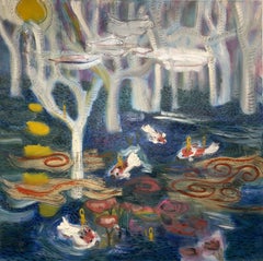 Our Happy Pond, Contemporary Oil on Canvas, Framed 39.25 x 39.25