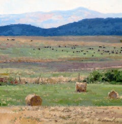 Des bovins éparpillés et des balles de foin