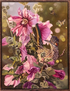 «Una pausa entre las malvas», pintura al óleo realista, firmada, 48 x 36
